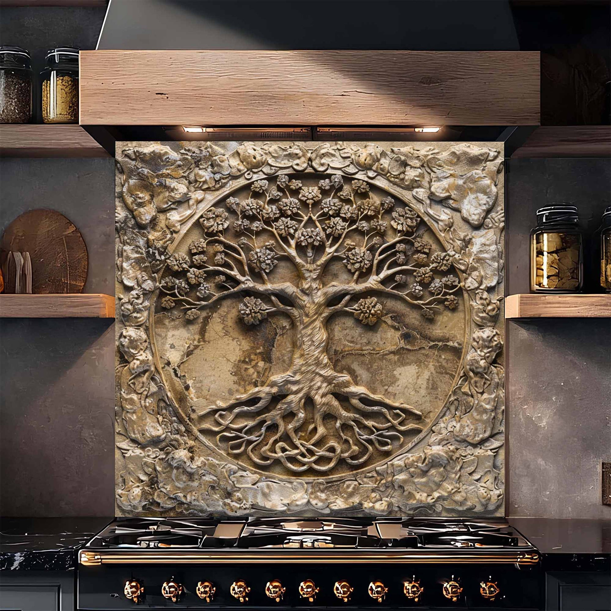 Decorative glass backsplash with a tree design above a stove in a kitchen setting.