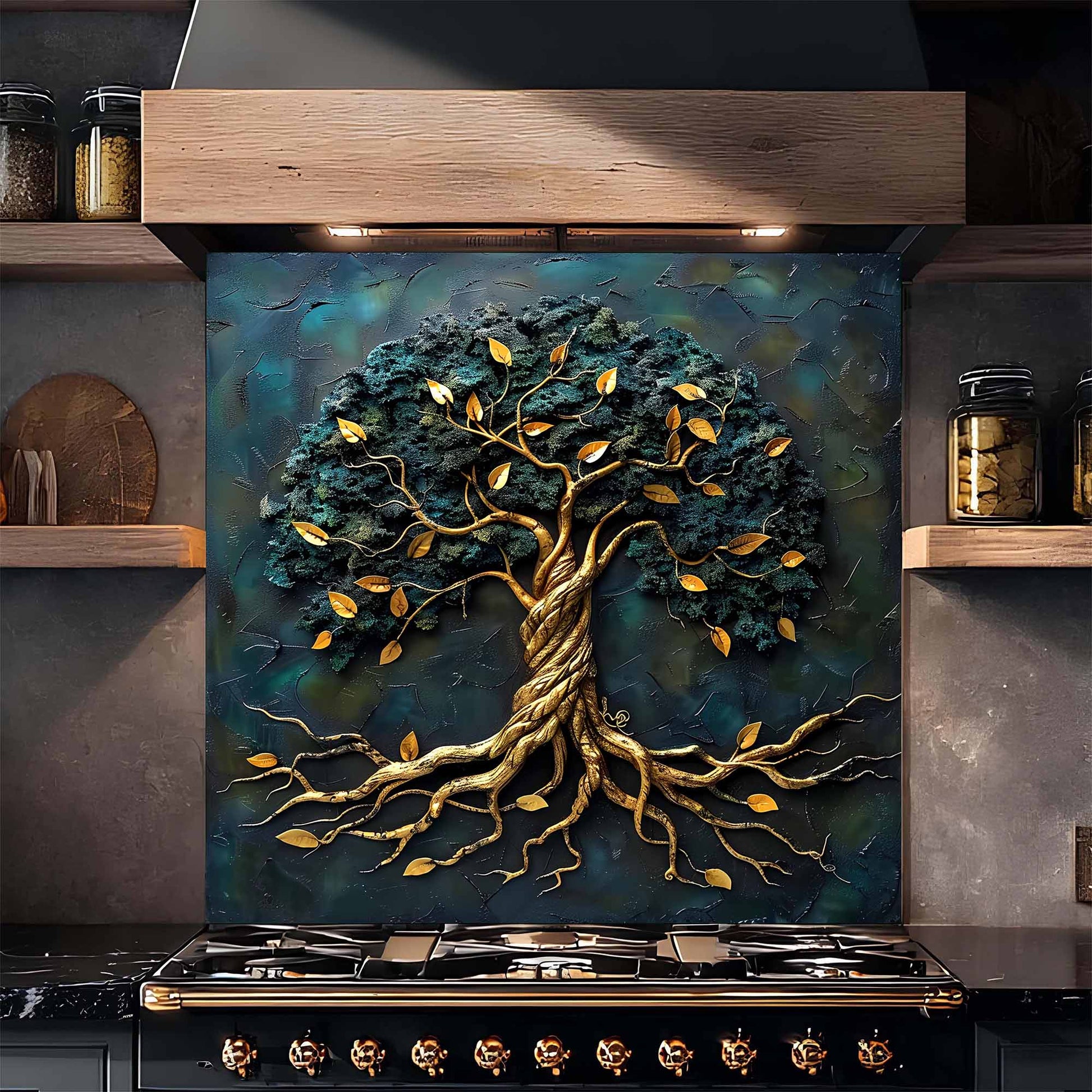 Glass backsplash of a tree with gold roots and leaves above a stove in a kitchen.