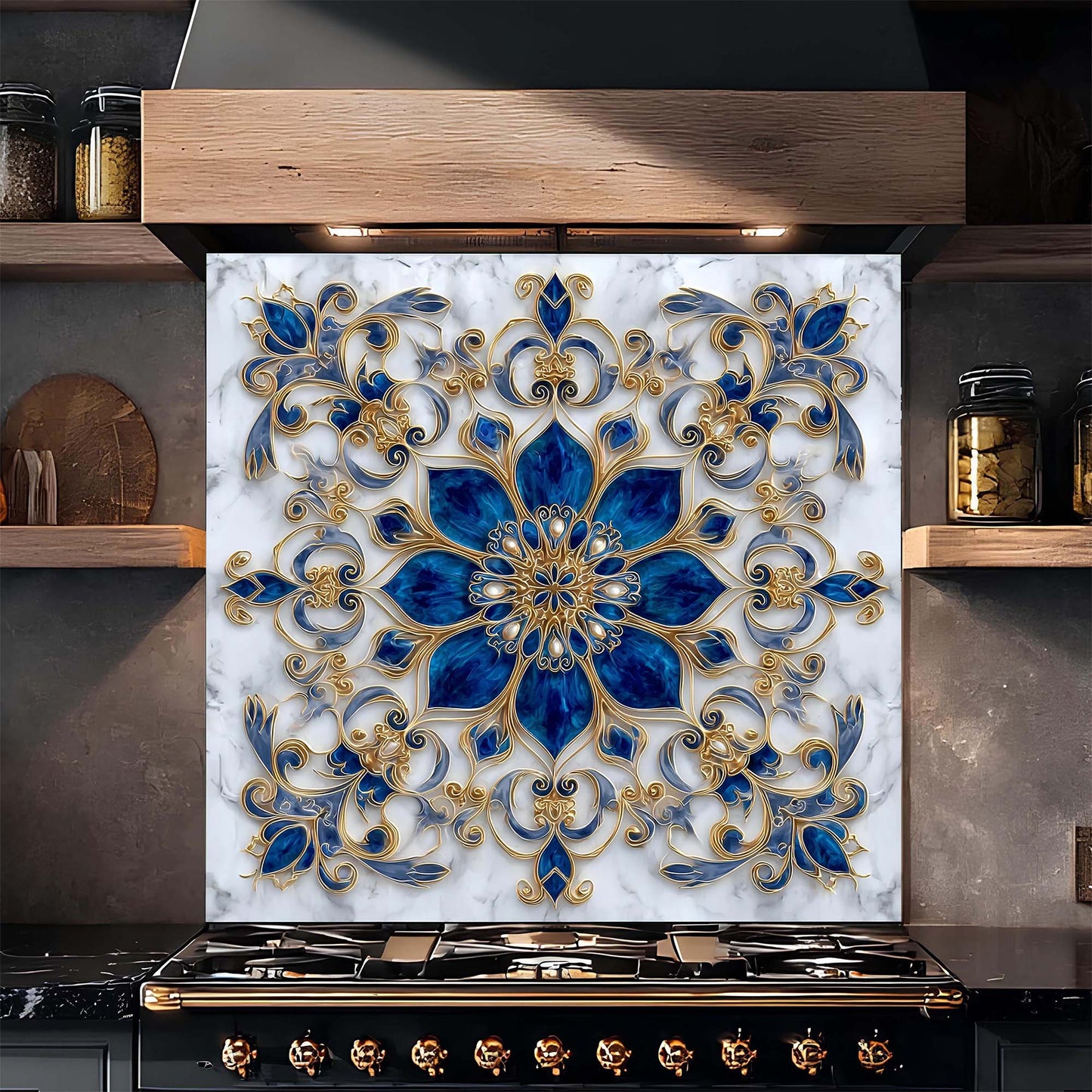 Decorative backsplash with blue and gold floral pattern in a kitchen setting