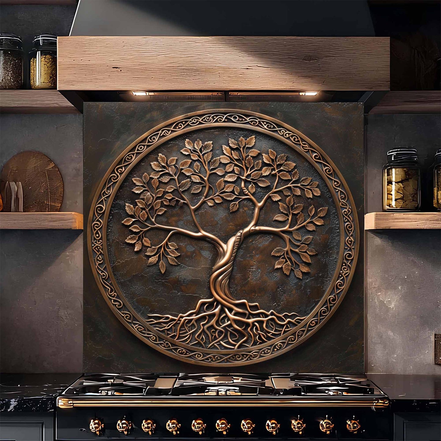 Decorative backsplash with a tree design above a stove in a kitchen setting.