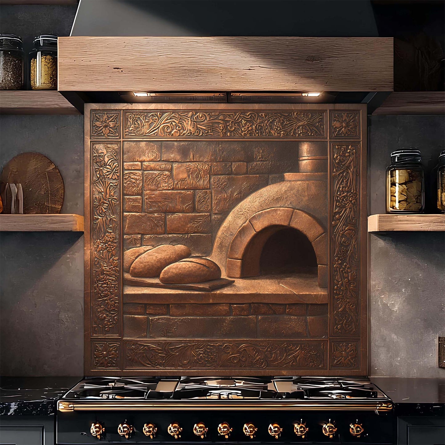 Decorative brick oven with bread glass backsplash on a kitchen wall above a stove.
