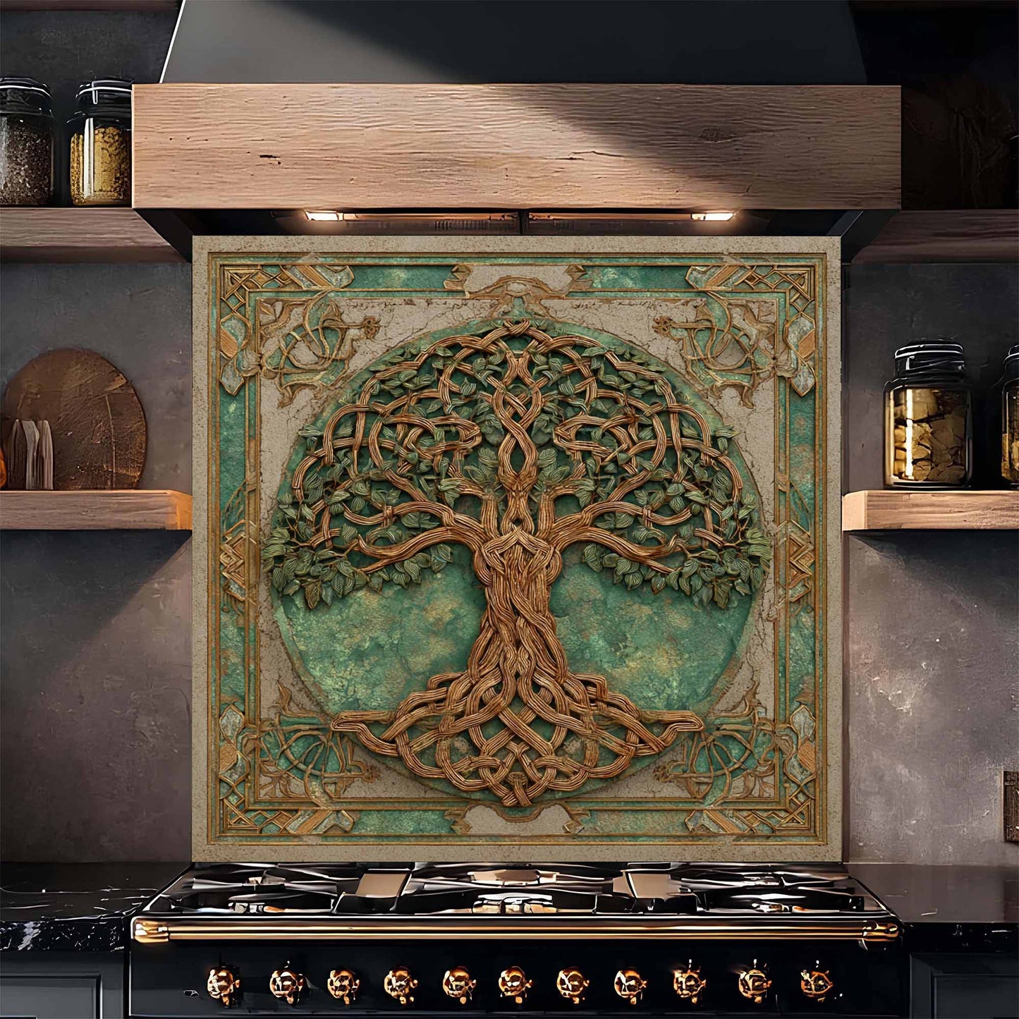 Decorative backsplash with a tree design above a stove in a kitchen setting.