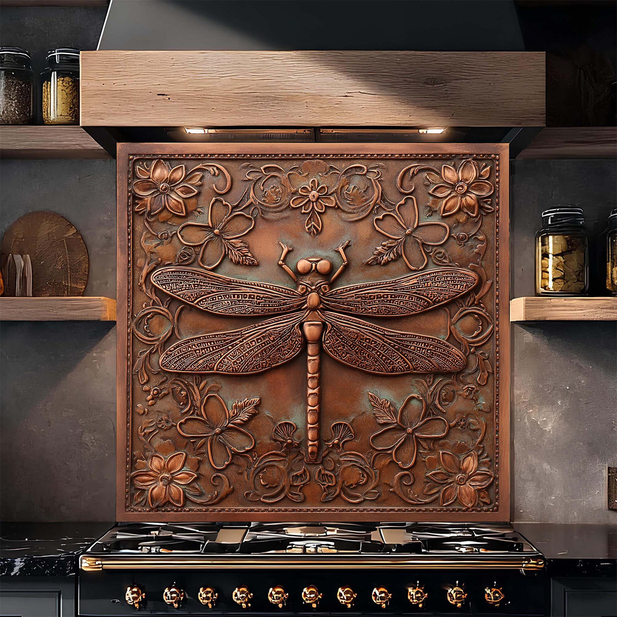 Decorative copper look glass backsplash with floral and dragonfly design above a stove.
