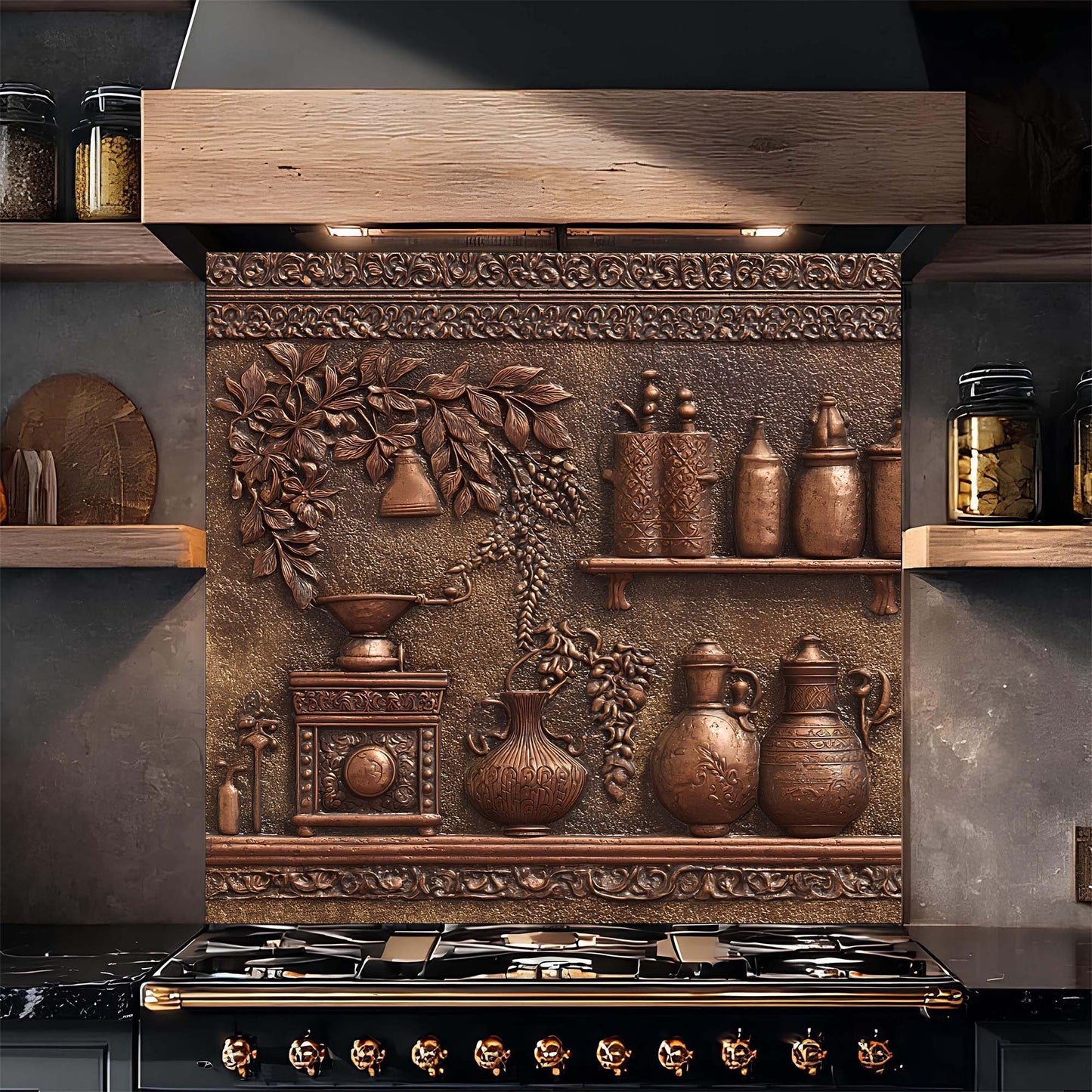 Decorative glass backsplash with copper pots and shelves in a kitchen setting