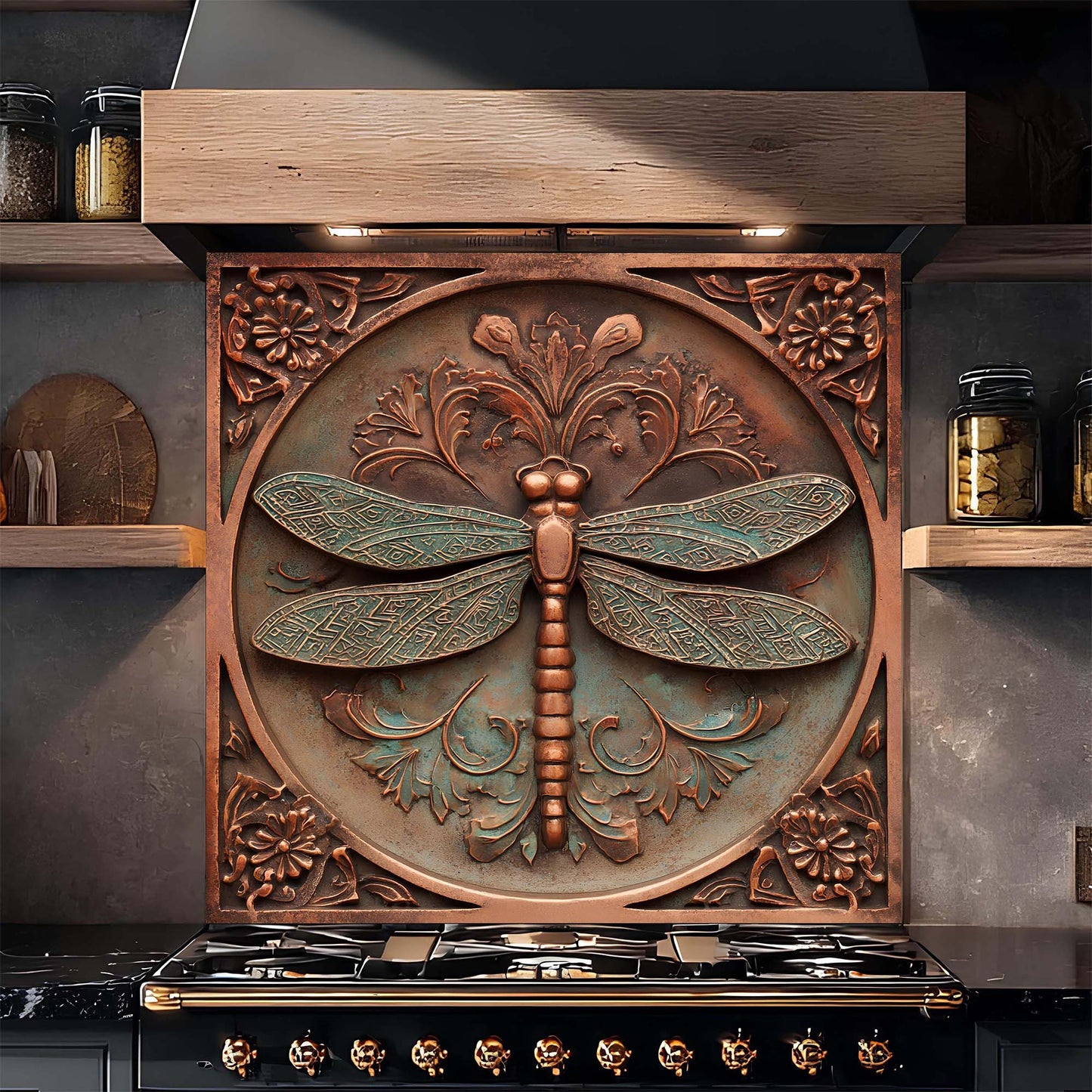 Decorative copper dragonfly design glass backsplash on a kitchen wall above a stove.