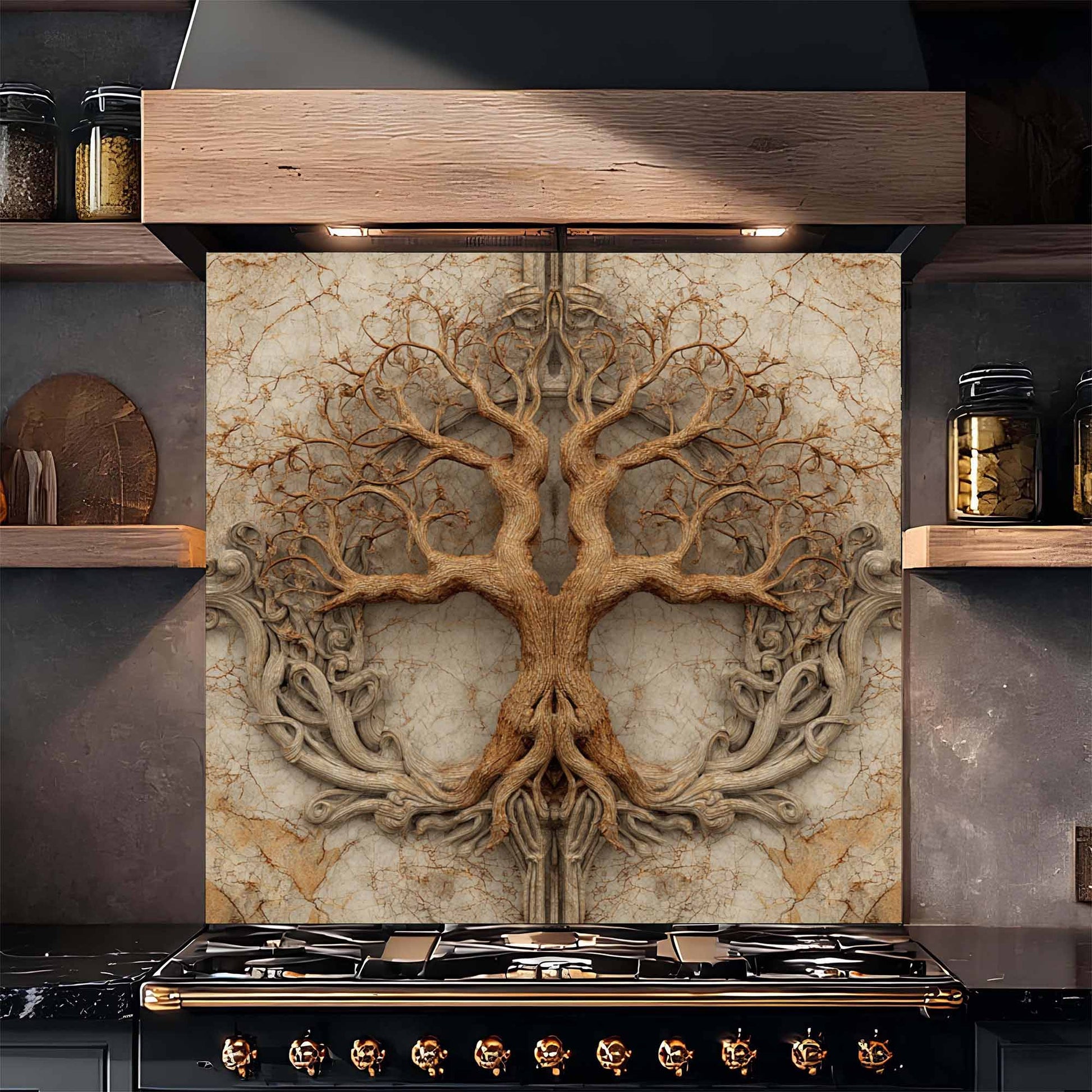 Decorative backsplash with tree design in a kitchen setting