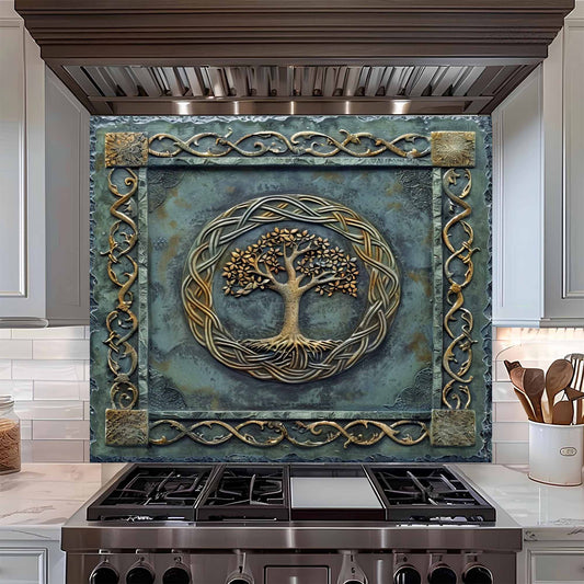 Decorative backsplash above a stove with tree of life design