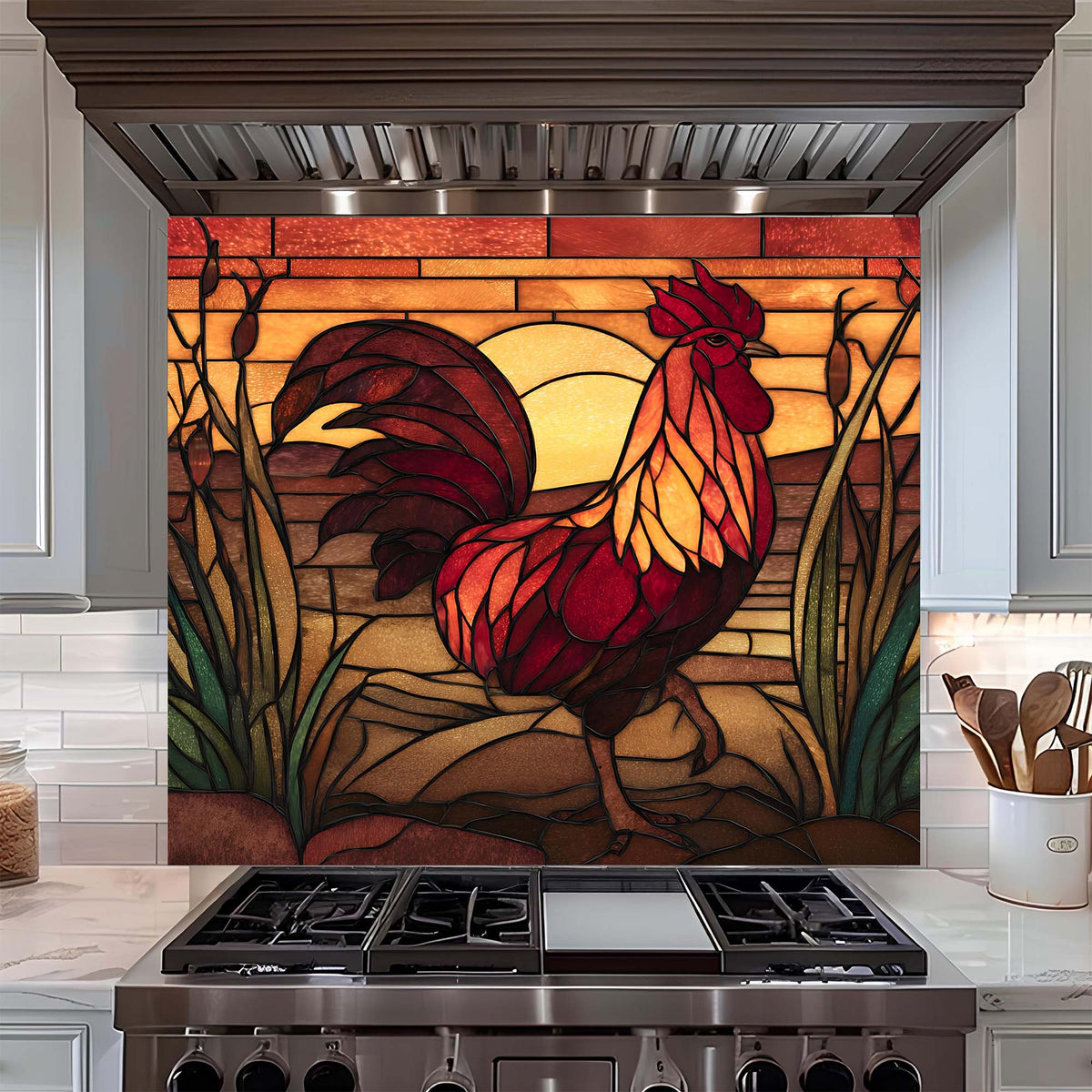 Stylized rooster design on a kitchen backsplash above a stove.