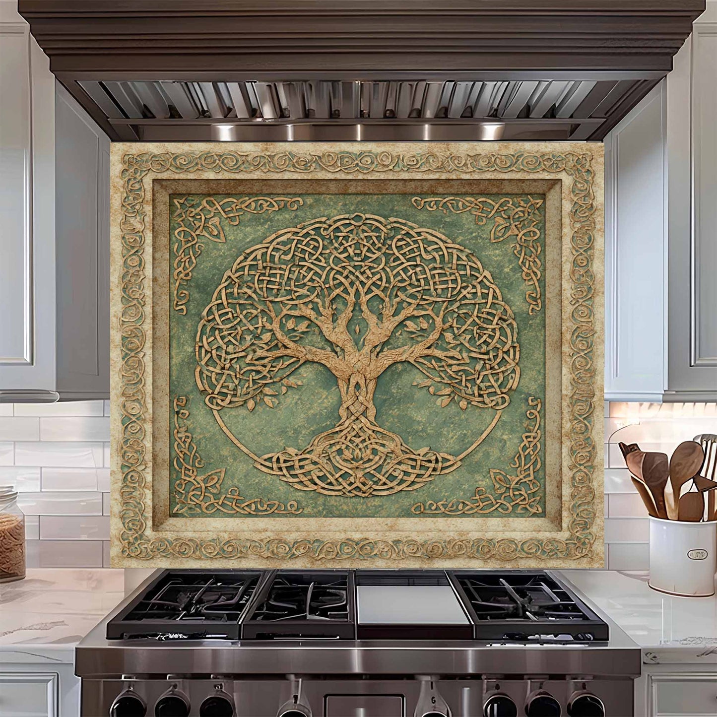 Decorative backsplash with a tree design above a stove in a kitchen.