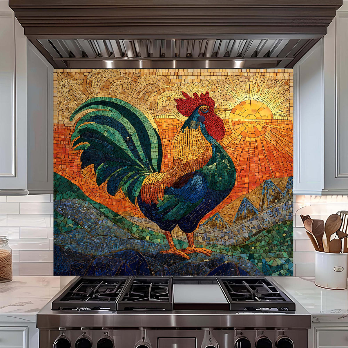 Golden sunrise rooster mosaic on tempered glass kitchen backsplash with blue and green waves