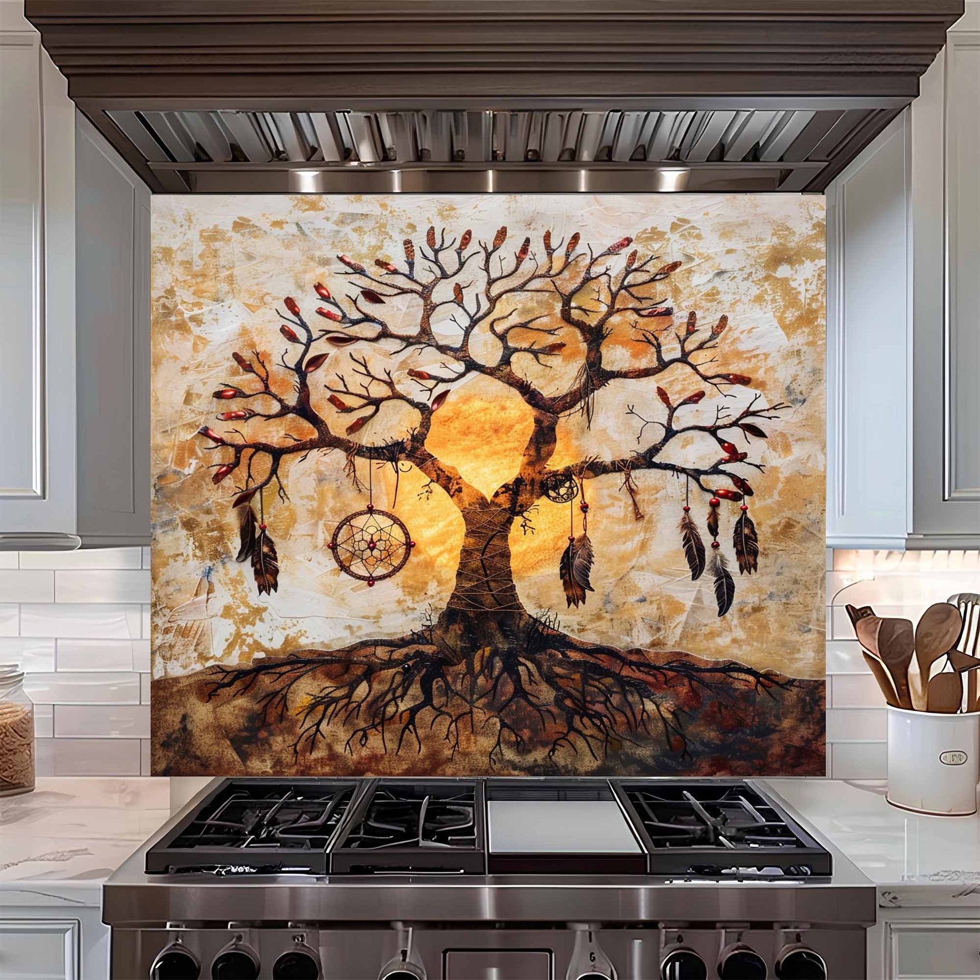 Tempered Glass Backsplash with a tree design above a stove in a kitchen.