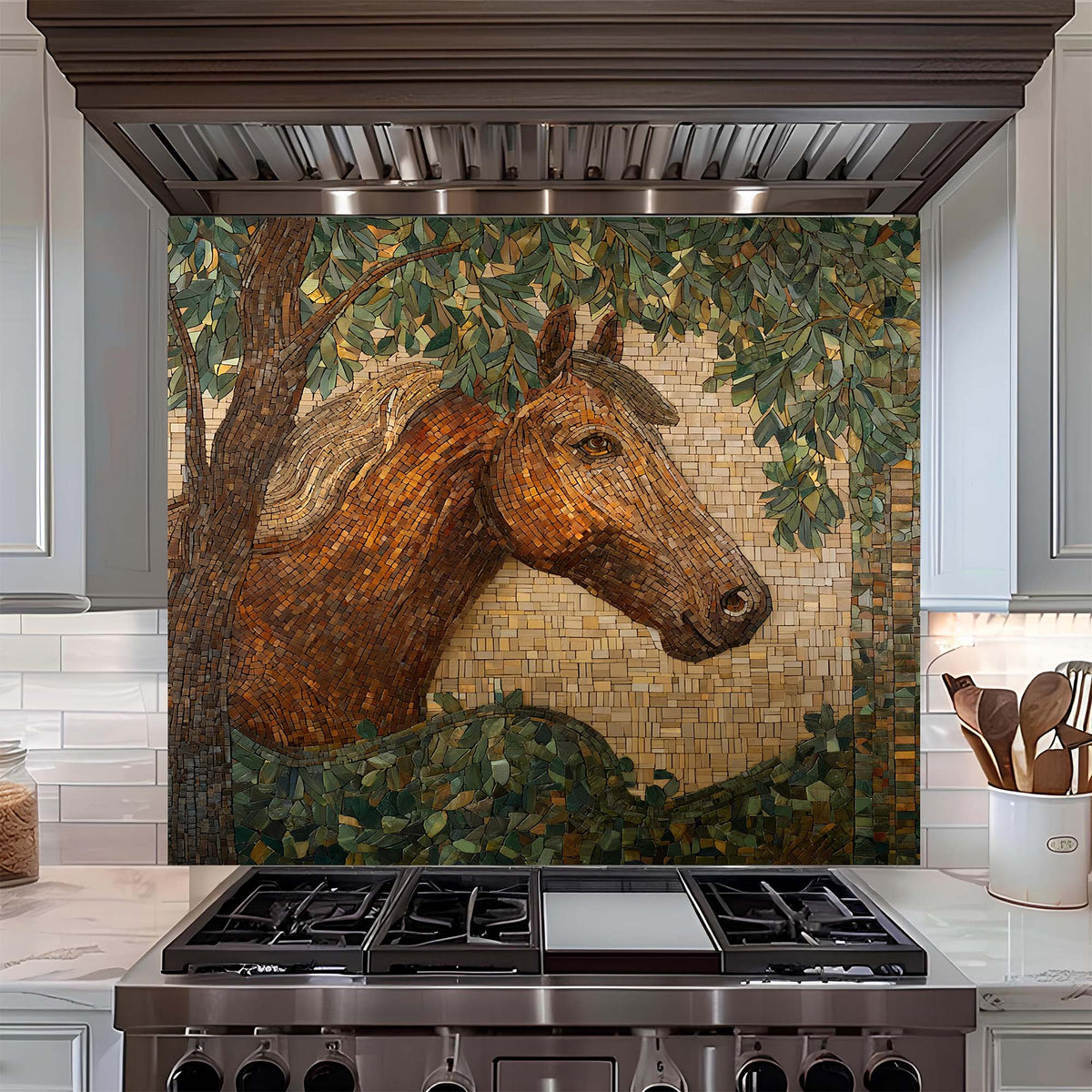 Elegant horse portrait in mosaic woodland style on tempered glass backsplash, bringing warmth, calm, and nature-inspired beauty to kitchens.