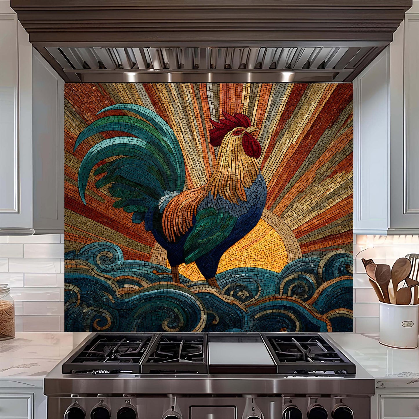 Mosaic rooster with radiant sunrise and swirling waves on tempered glass backsplash