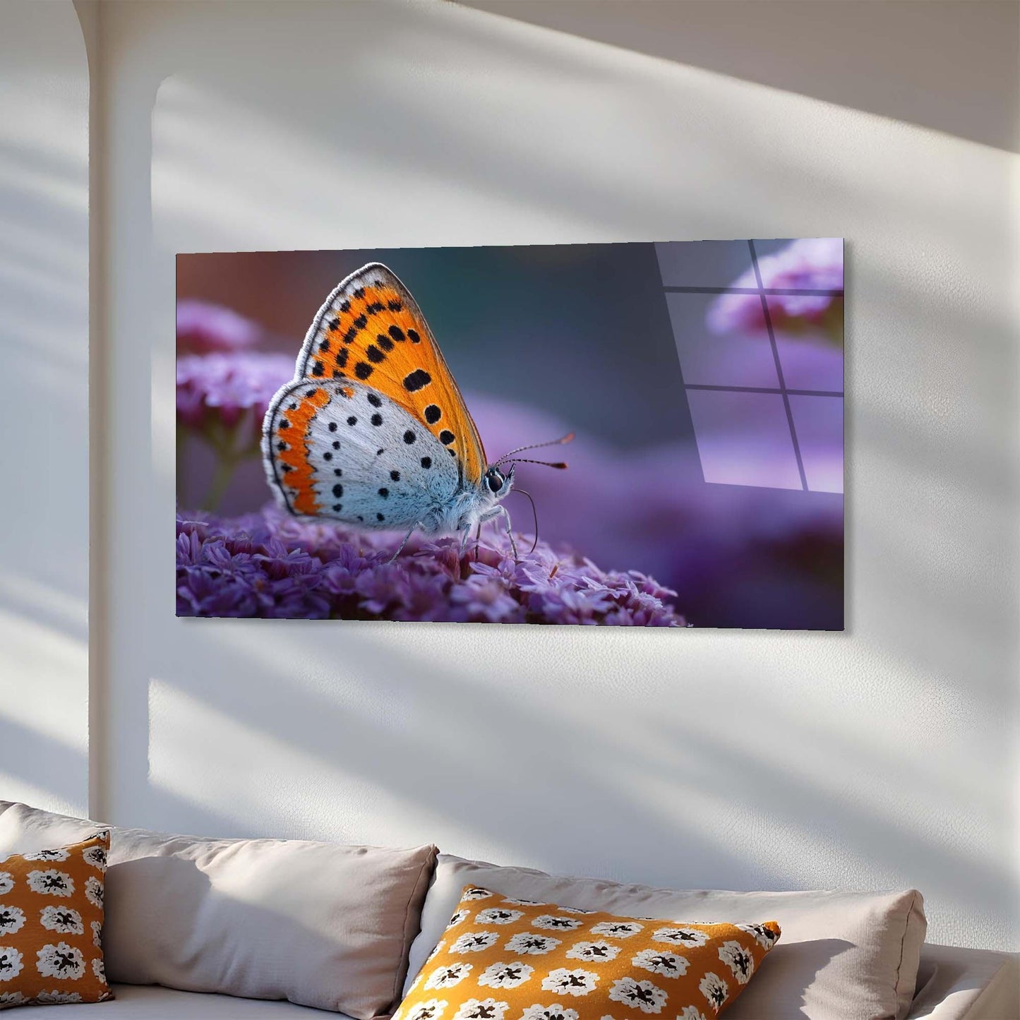 Butterfly on a flower displayed on a wall in a living room.