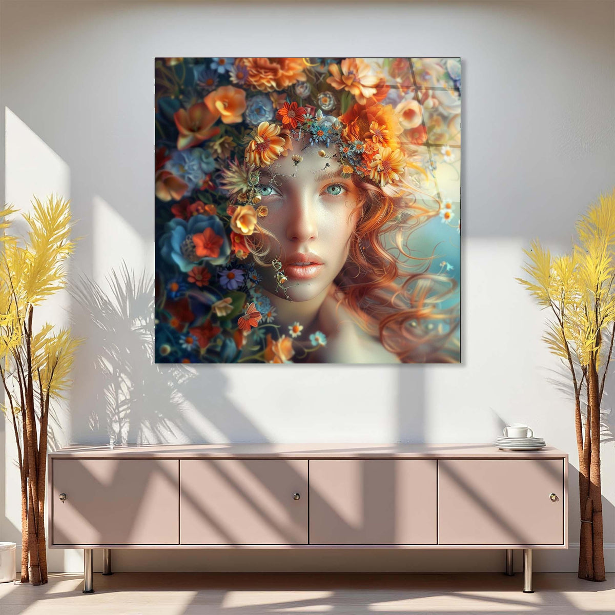 Framed artwork of a woman's face with flowers on a wall above a cabinet.