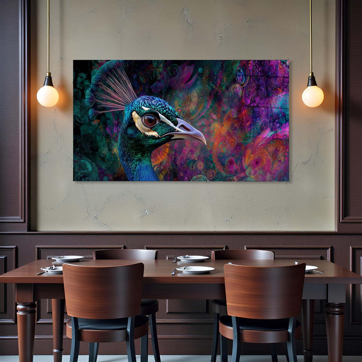 Dining area with a peacock painting on the wall