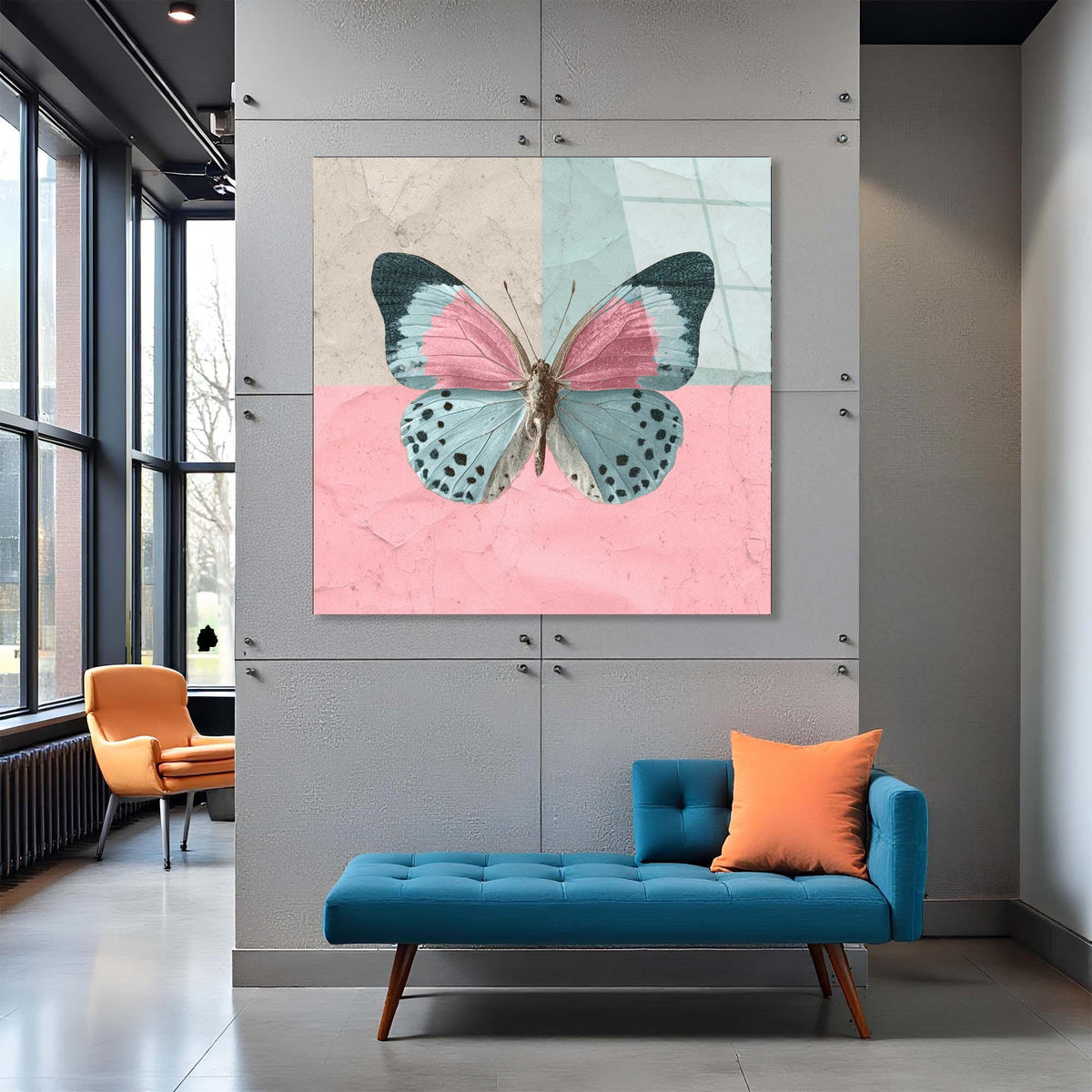 Modern interior with a butterfly painting on a wall, blue bench, and orange chair.