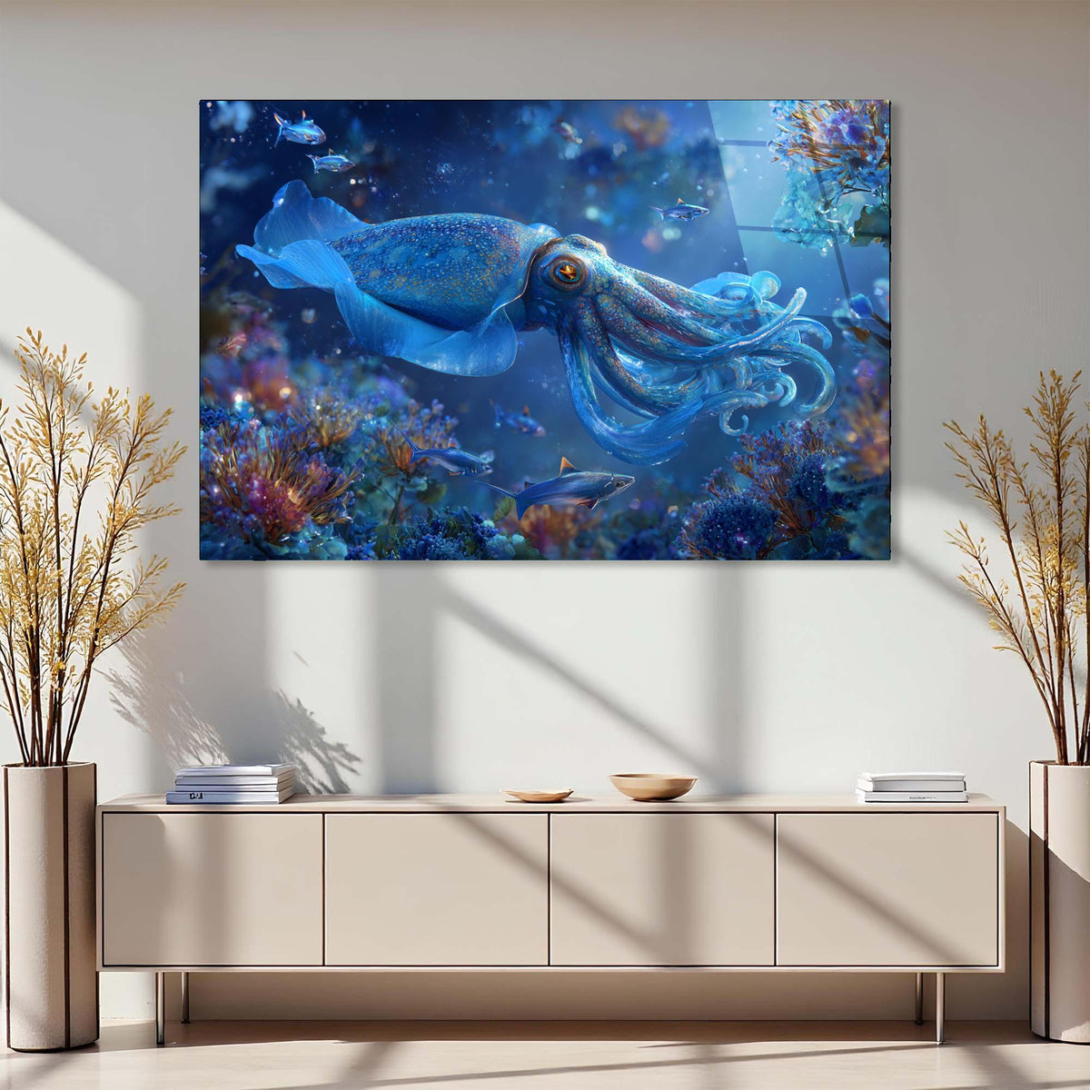 Large underwater scene painting of a squid on a wall above a light-colored cabinet.