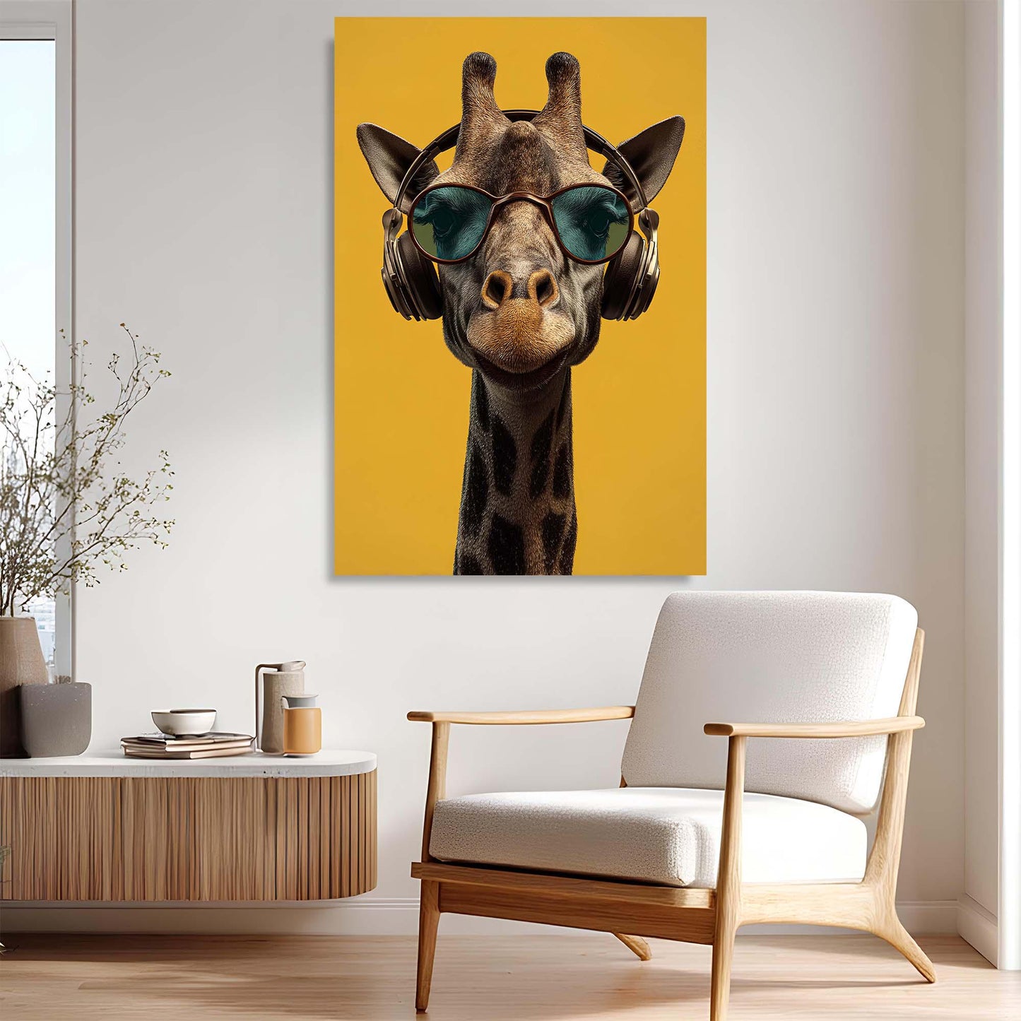 Canvas print of a giraffe wearing sunglasses and headphones on a yellow background, displayed in a room with a chair and side table.