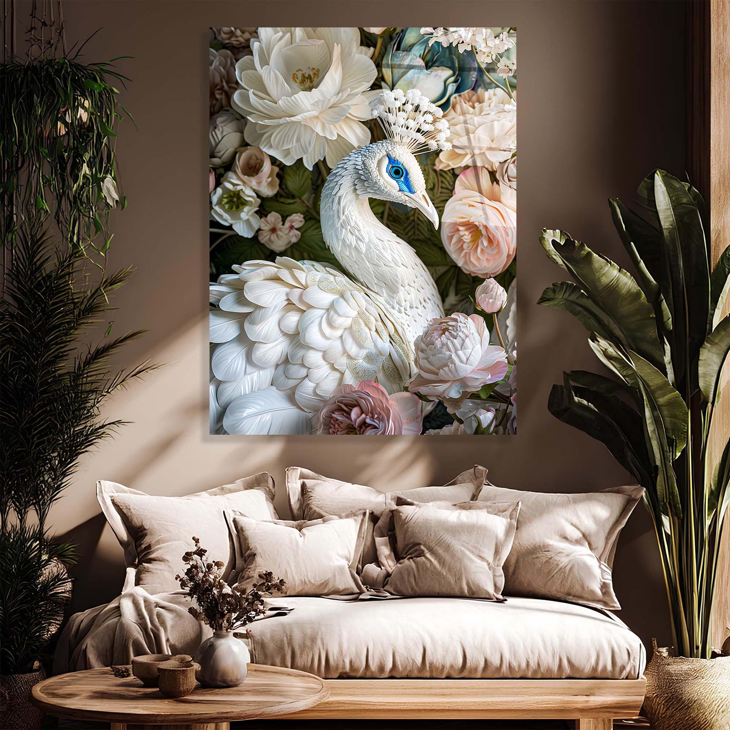 Living room with a peacock and floral painting on the wall, surrounded by plants.