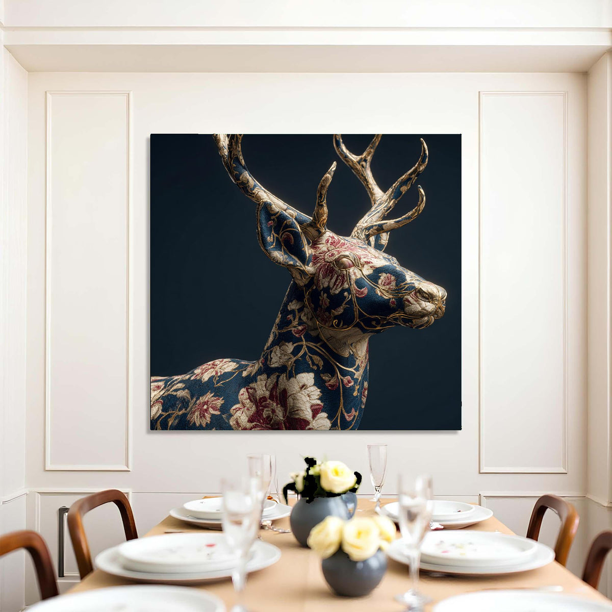 Dining room with a floral deer head artwork on the wall above a table set for dinner.