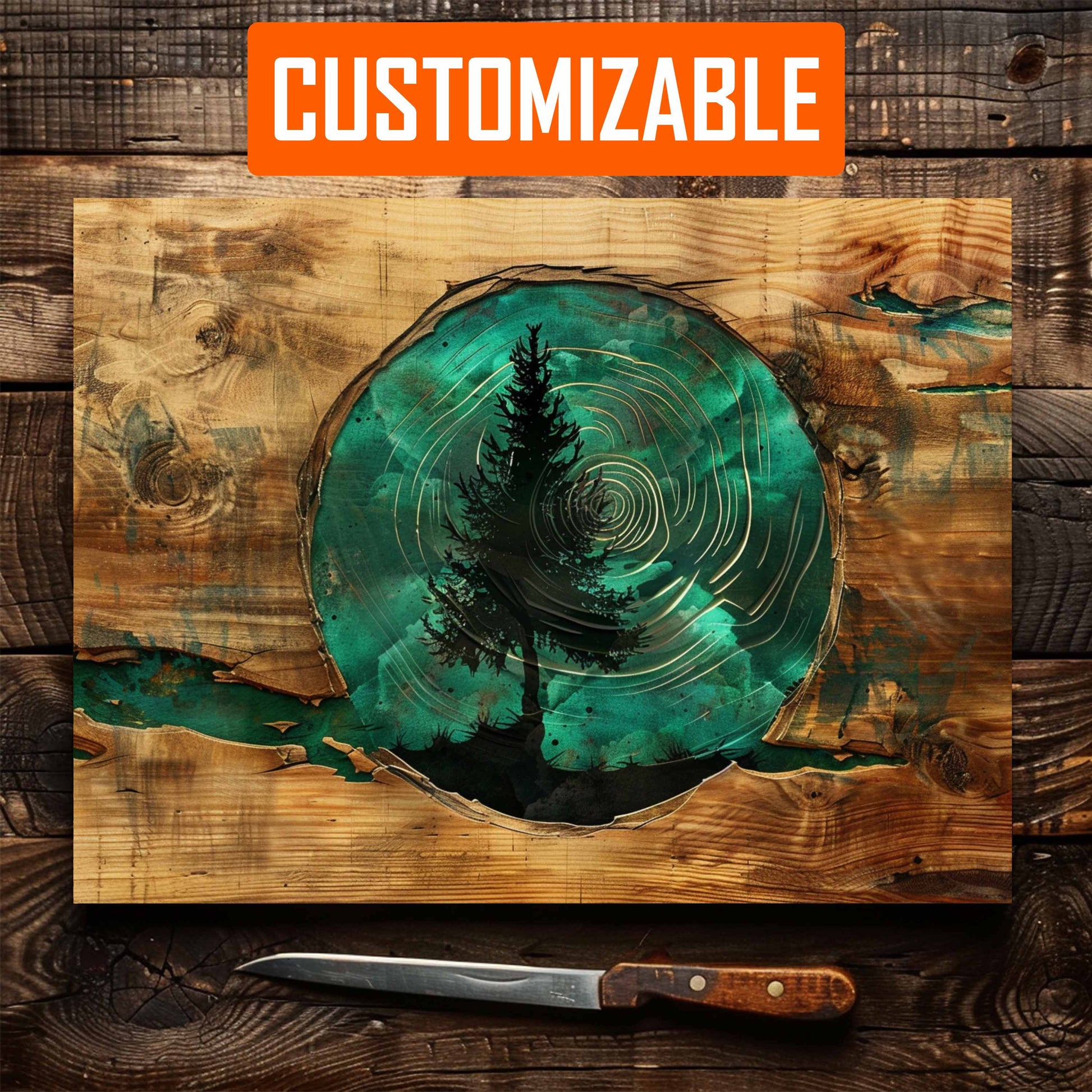Tempered glass kitchen cutting board with tree ring design and knife on a wooden background, featuring the word 'Customizable'.