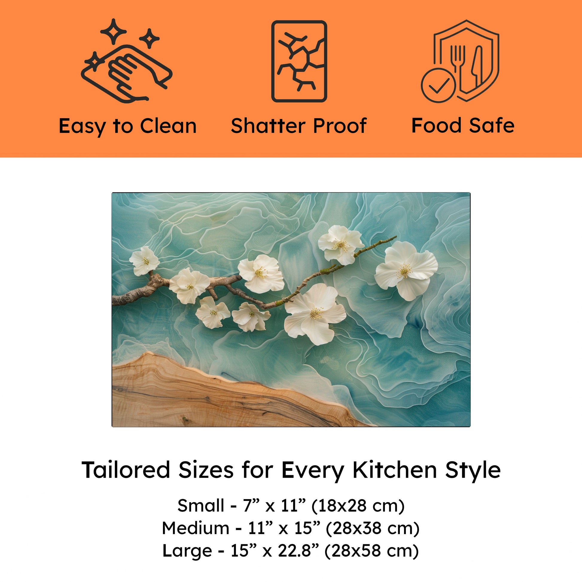 Product features with icons and text on an orange background, featuring a floral design cutting board.