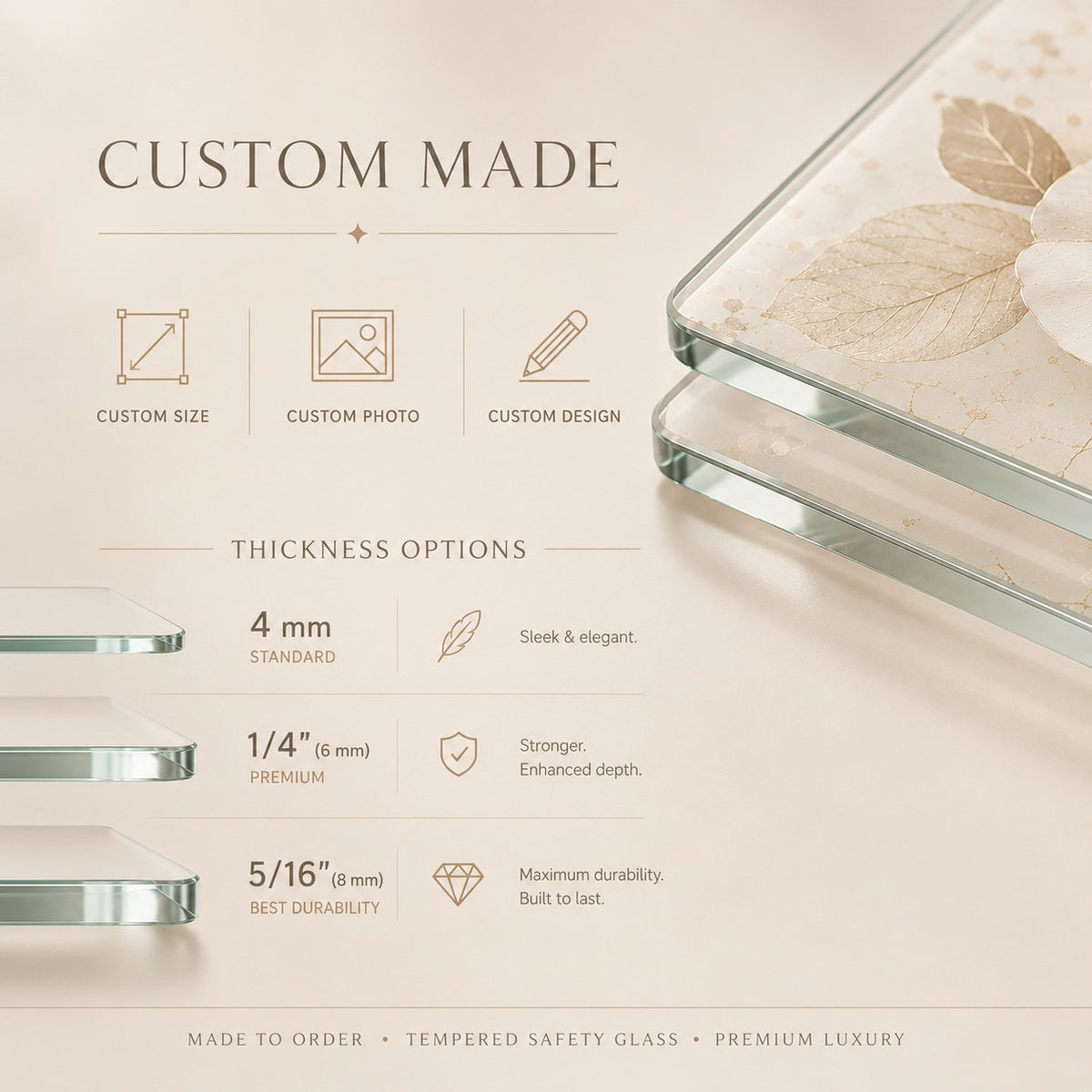 Glass product with thickness options and customization features on a beige background