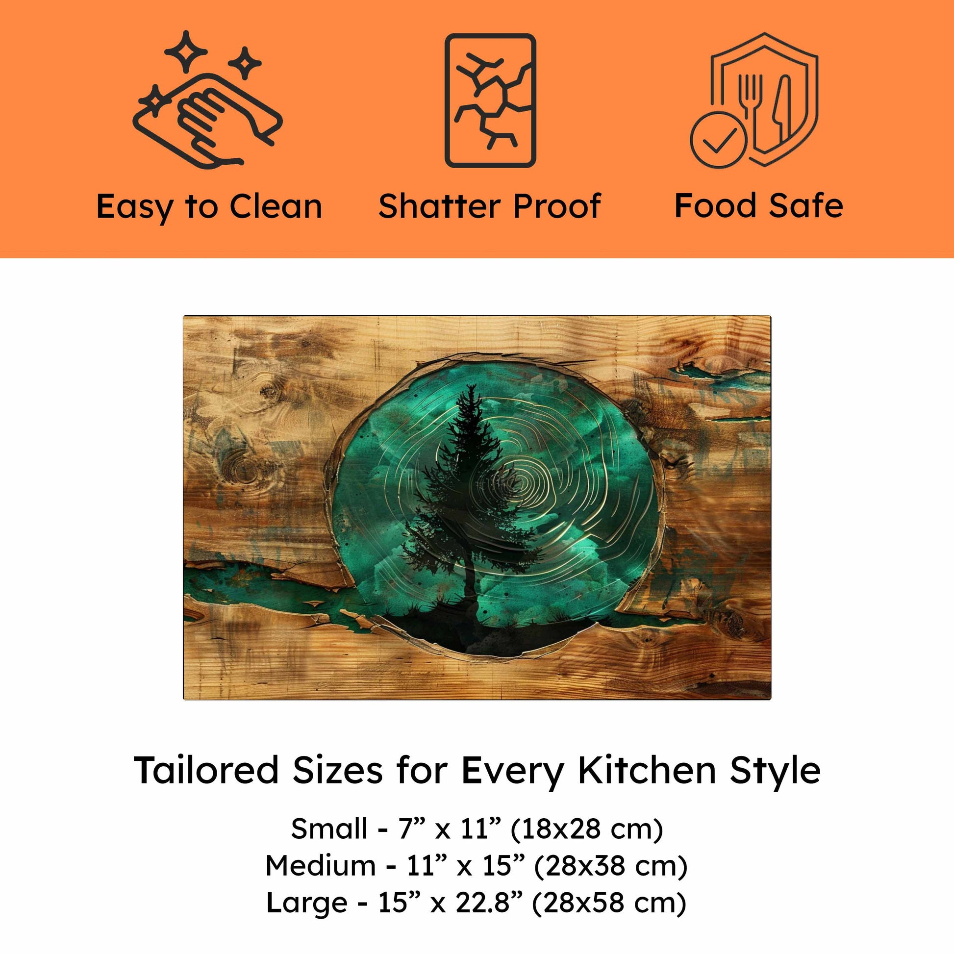 Tempered glass cutting board with tree design, features listed above, and size options below.