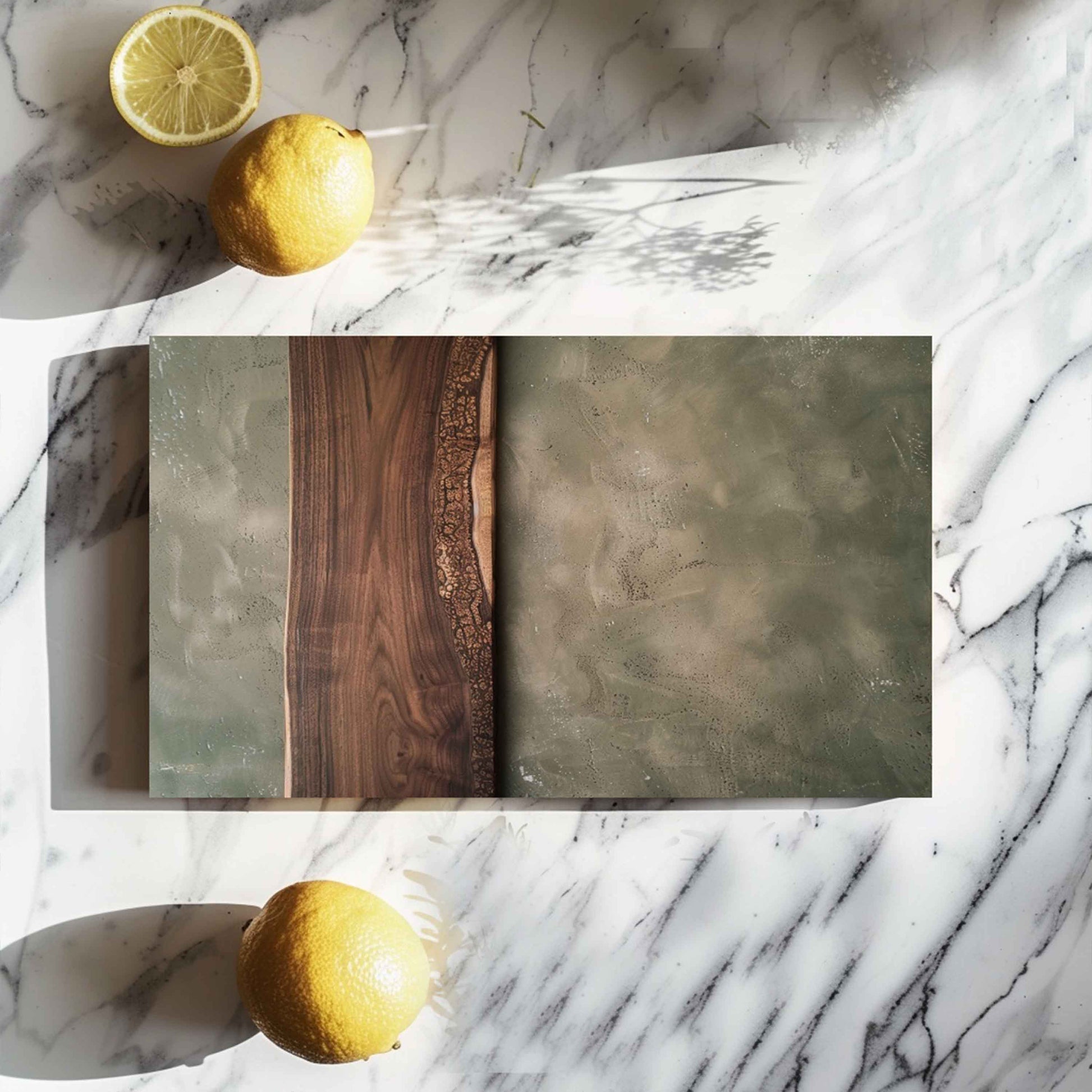Glass cutting board with different finishes on a marble surface with lemons.