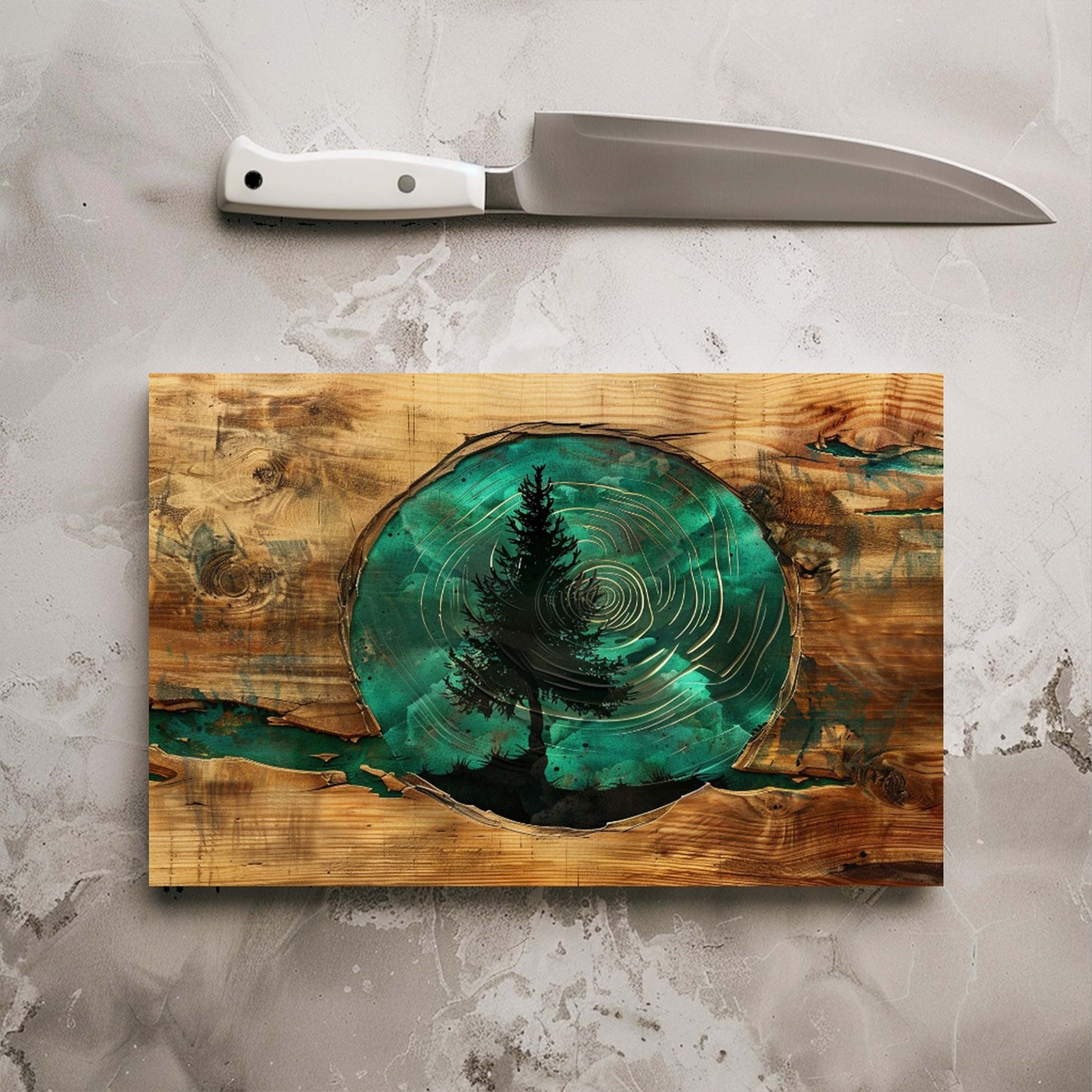 tempered glass cutting board with tree design and knife on a gray surface