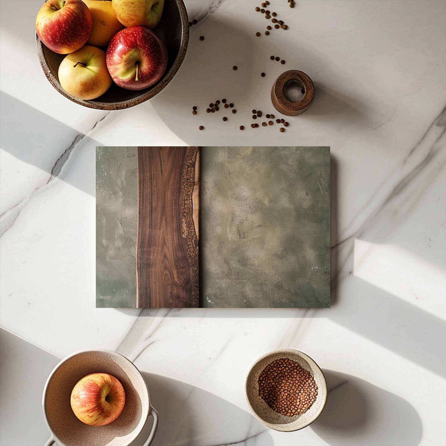 Bowl of apples and a small container of seeds on a marble surface with a cutting board in the center.