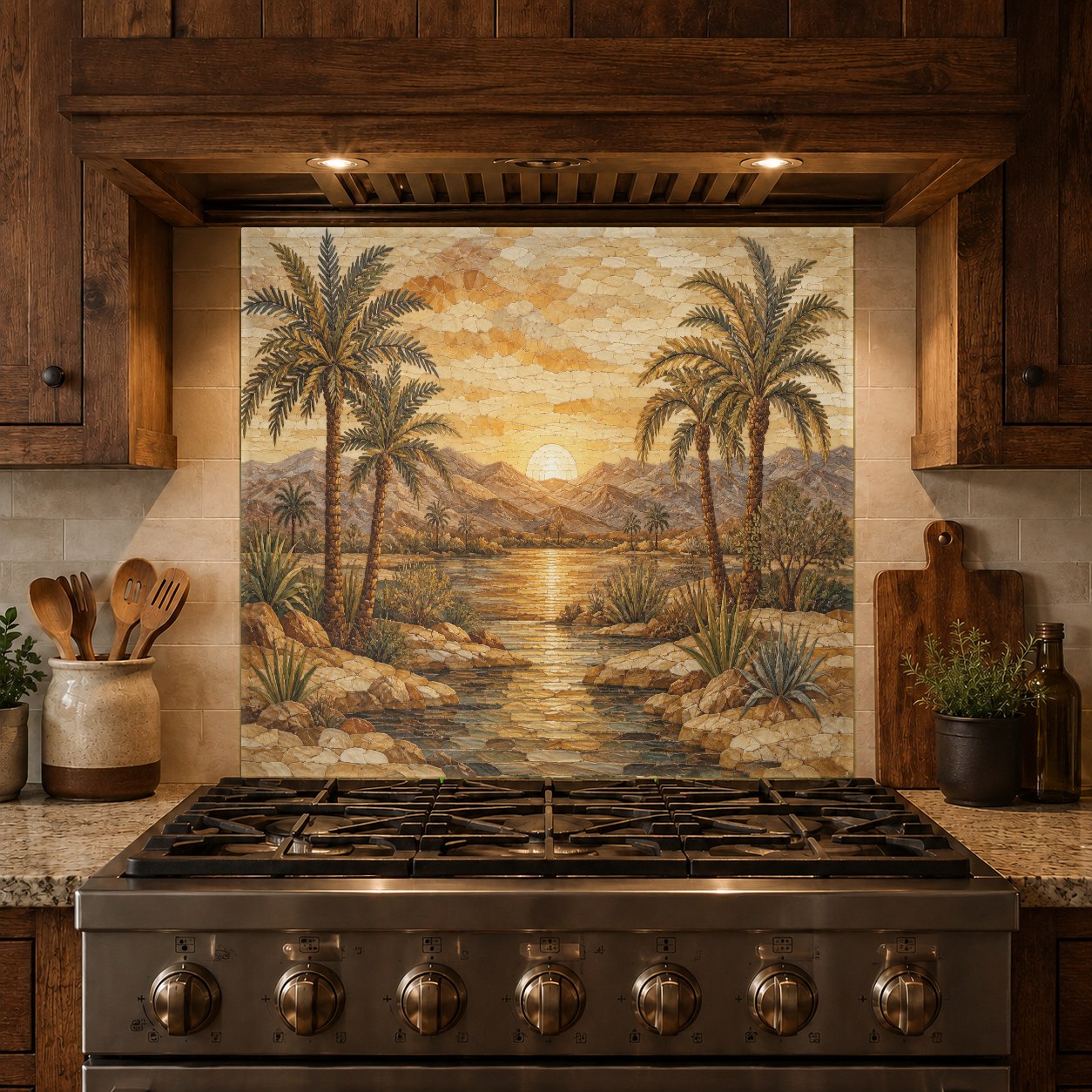 Art Deco style sunrise tempered glass backsplash accentuating a contemporary kitchen with warm lighting.