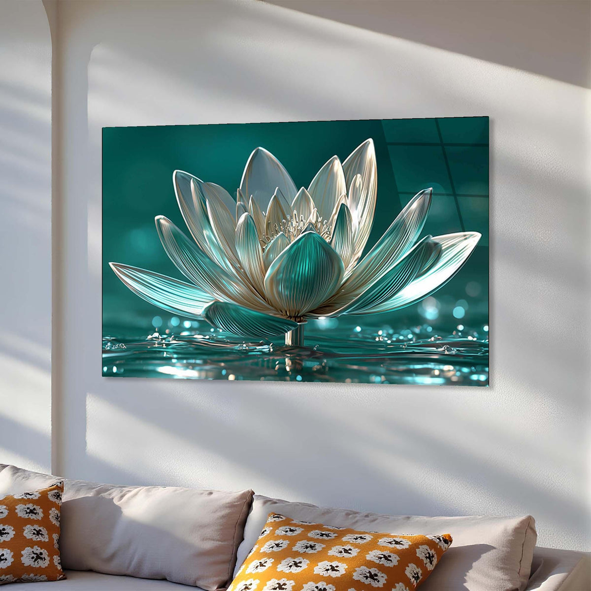 Wall art of a lotus flower on a white wall above a sofa with patterned cushions.