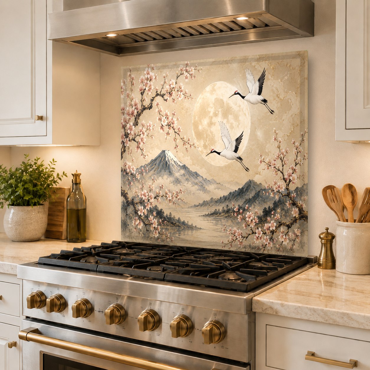 Stunning Zen-inspired glass backsplash featuring flying cranes and a glowing moon behind a kitchen stove.
