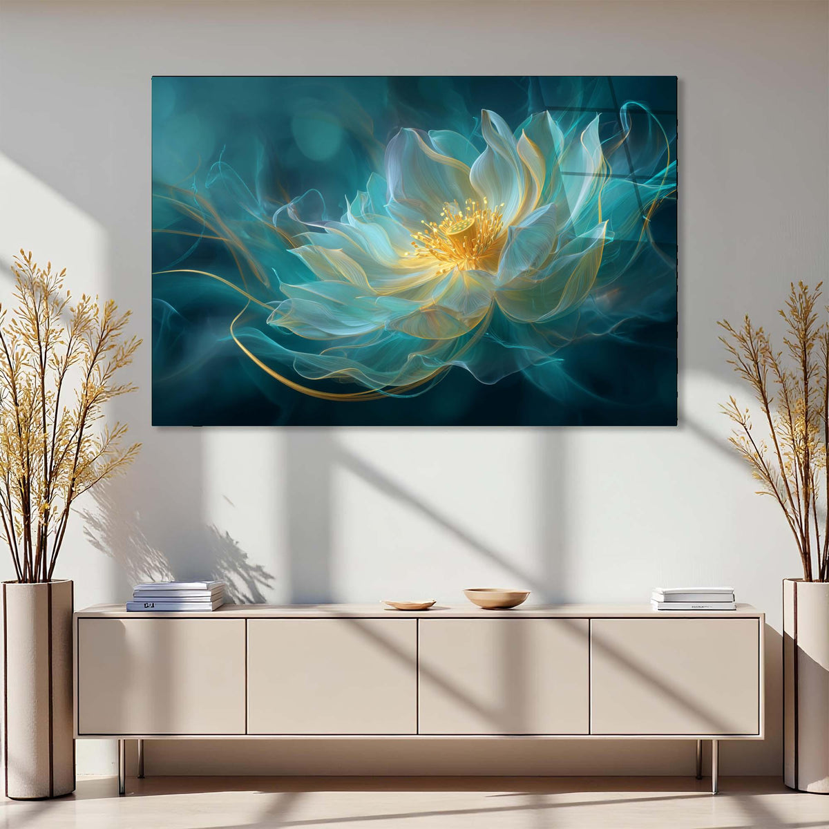 Modern interior with a large abstract flower painting on the wall above a light-colored cabinet.