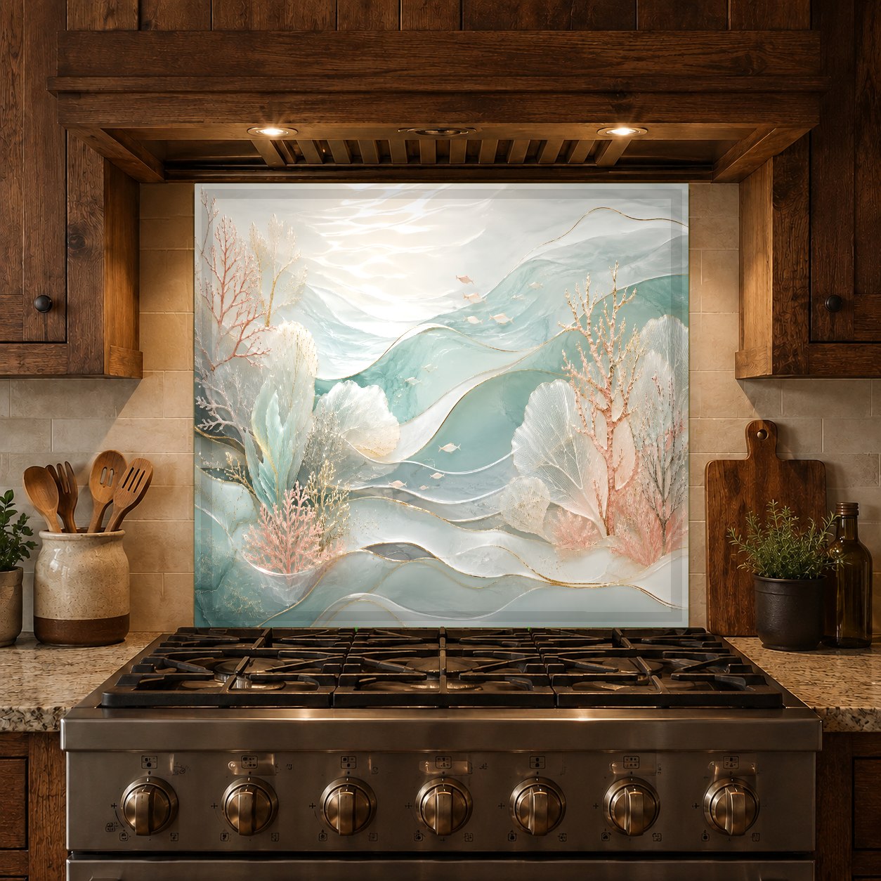 Custom coastal tempered glass backsplash installed in a luxury home