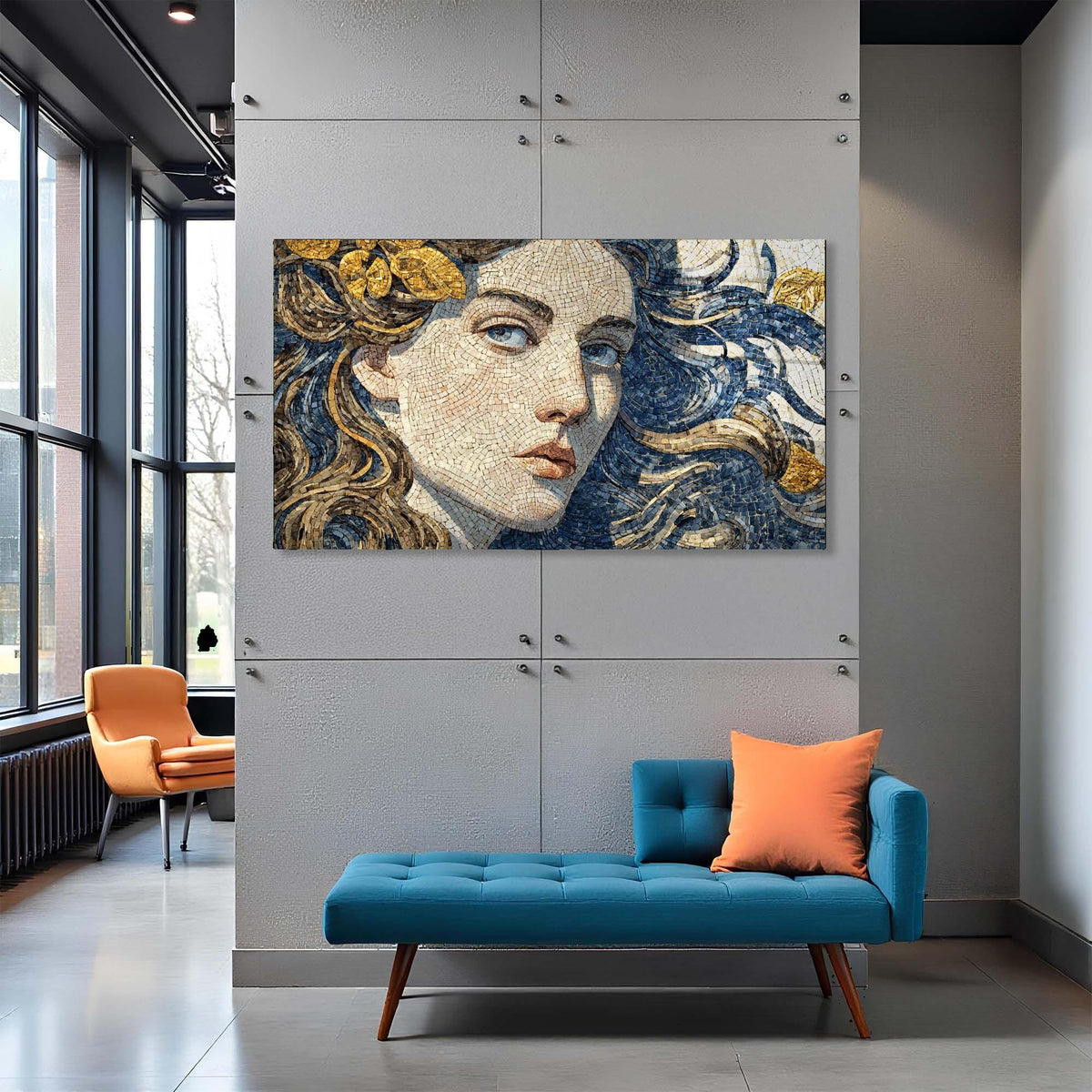Modern interior with a blue sofa, orange chair, and mosaic artwork on a gray wall.