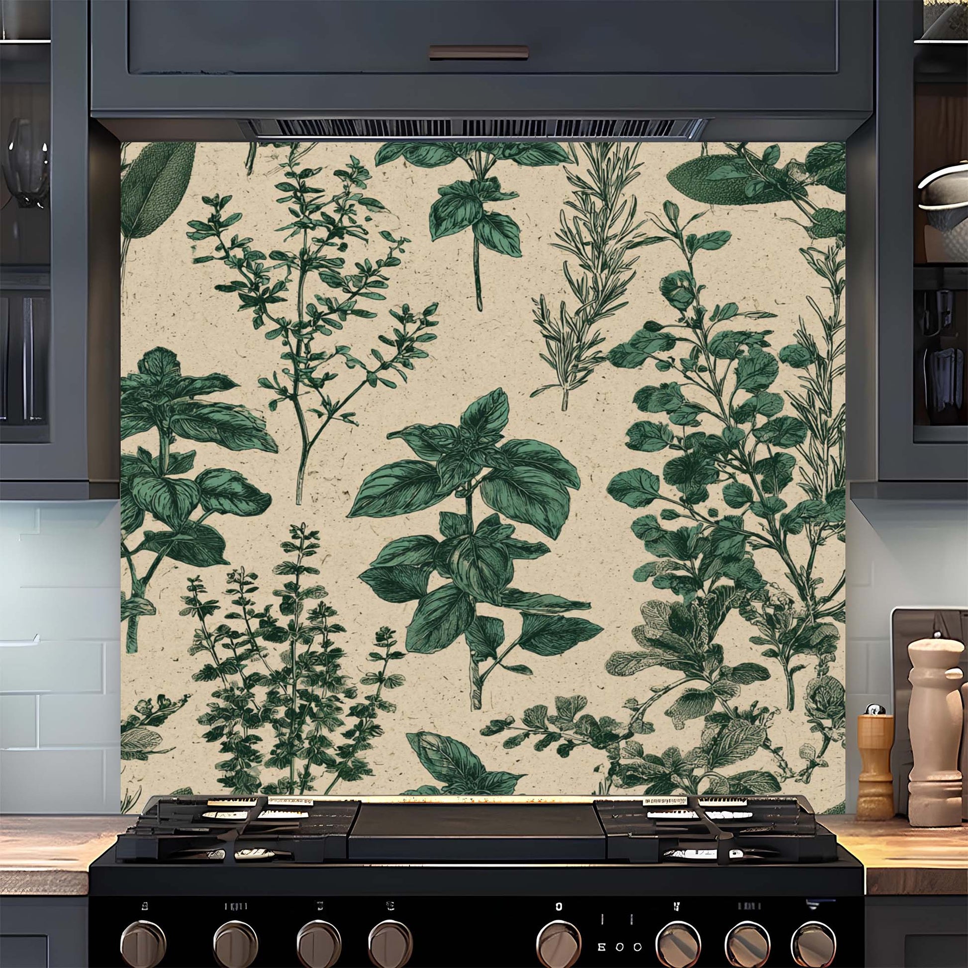 Kitchen stove with a decorative glass backsplash featuring green leaf patterns.