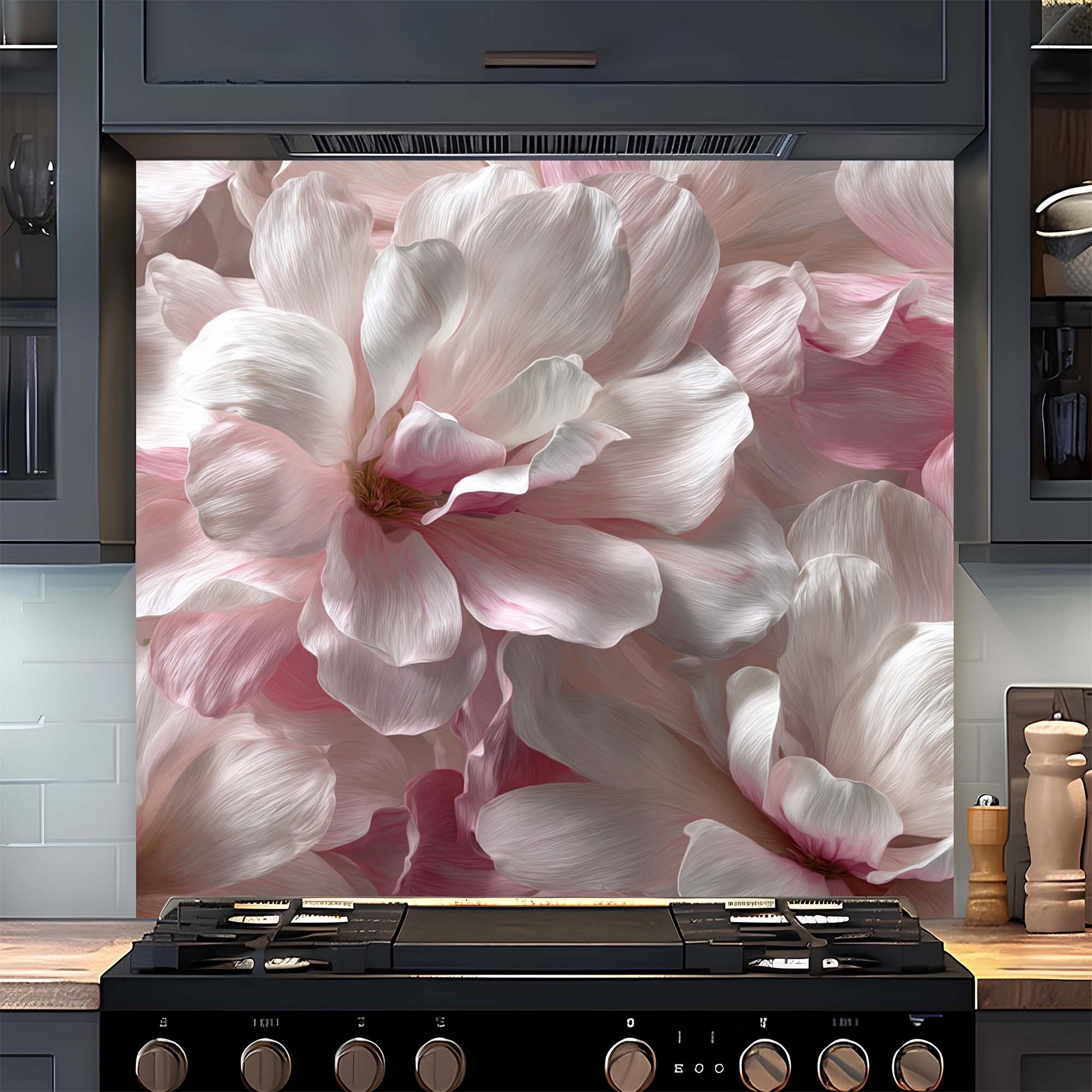 Kitchen with a decorative glass backsplash featuring pink flowers
