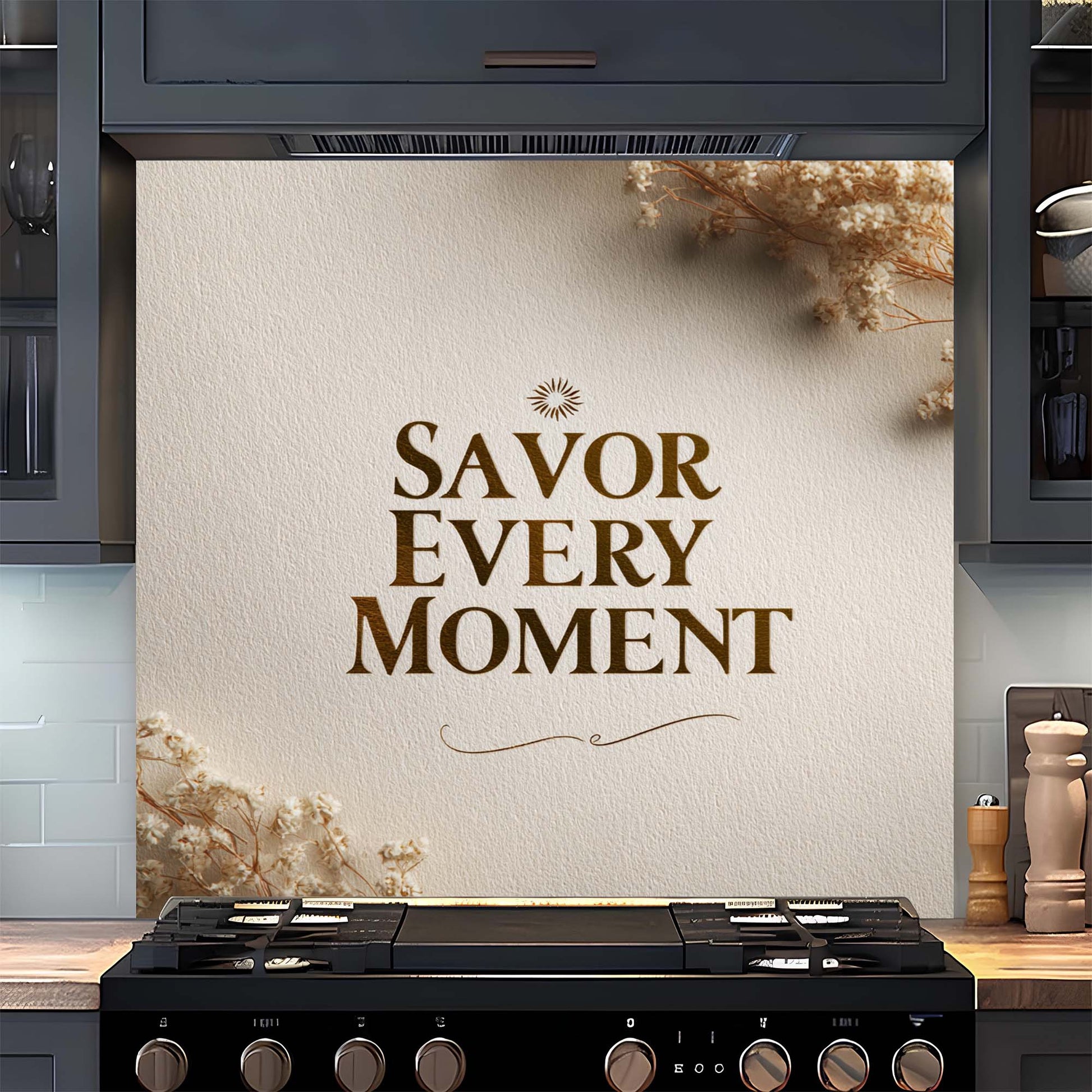 Kitchen with a decorative glass backsplash featuring 'Savor Every Moment' text and floral elements.