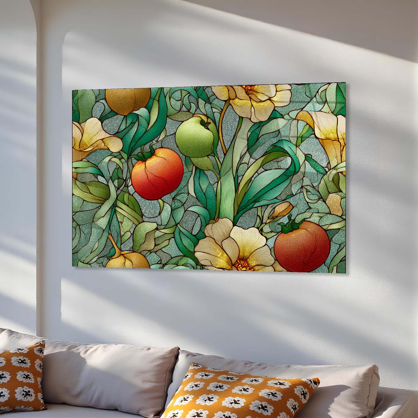 Decorative wall art with a colorful floral and fruit pattern on a white wall.