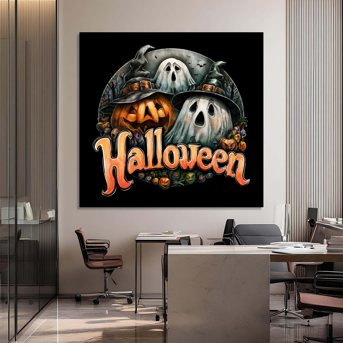 Halloween-themed wall art with pumpkins and ghosts in an office setting