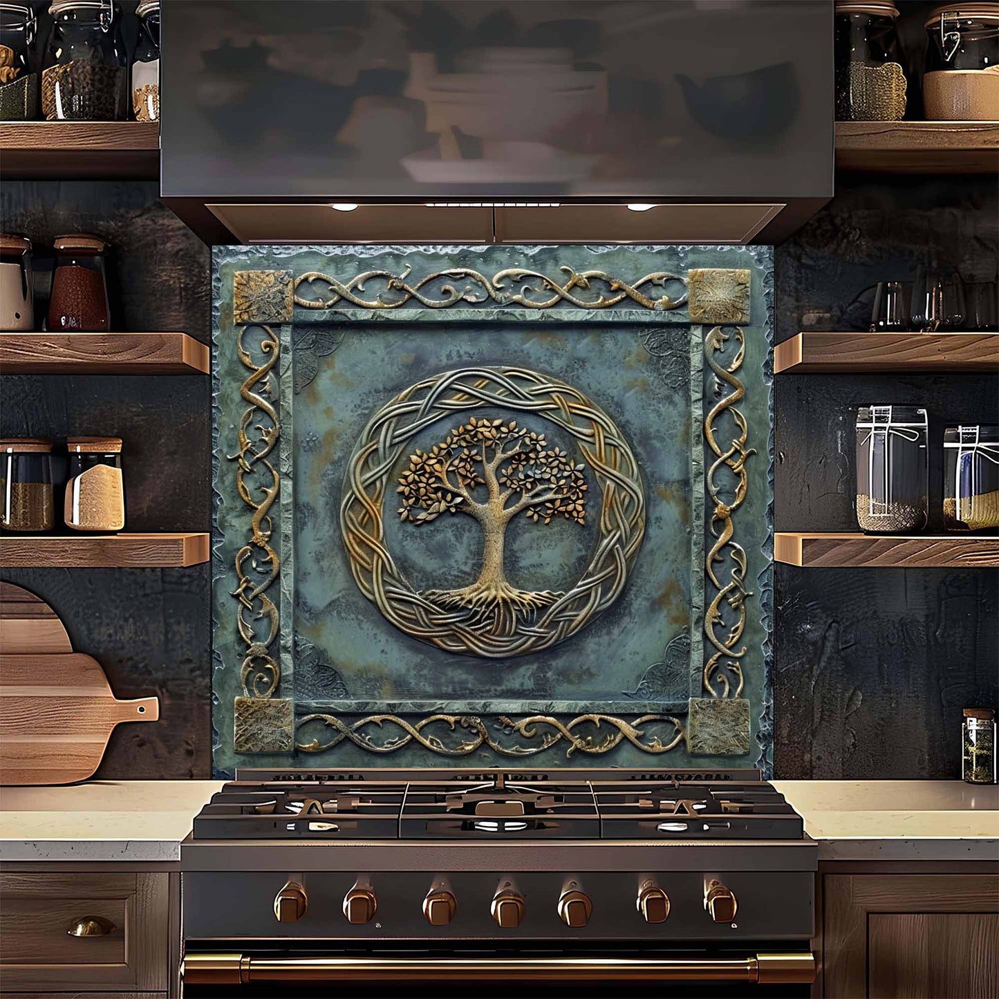Decorative backsplash with tree design above a stove in a kitchen setting.