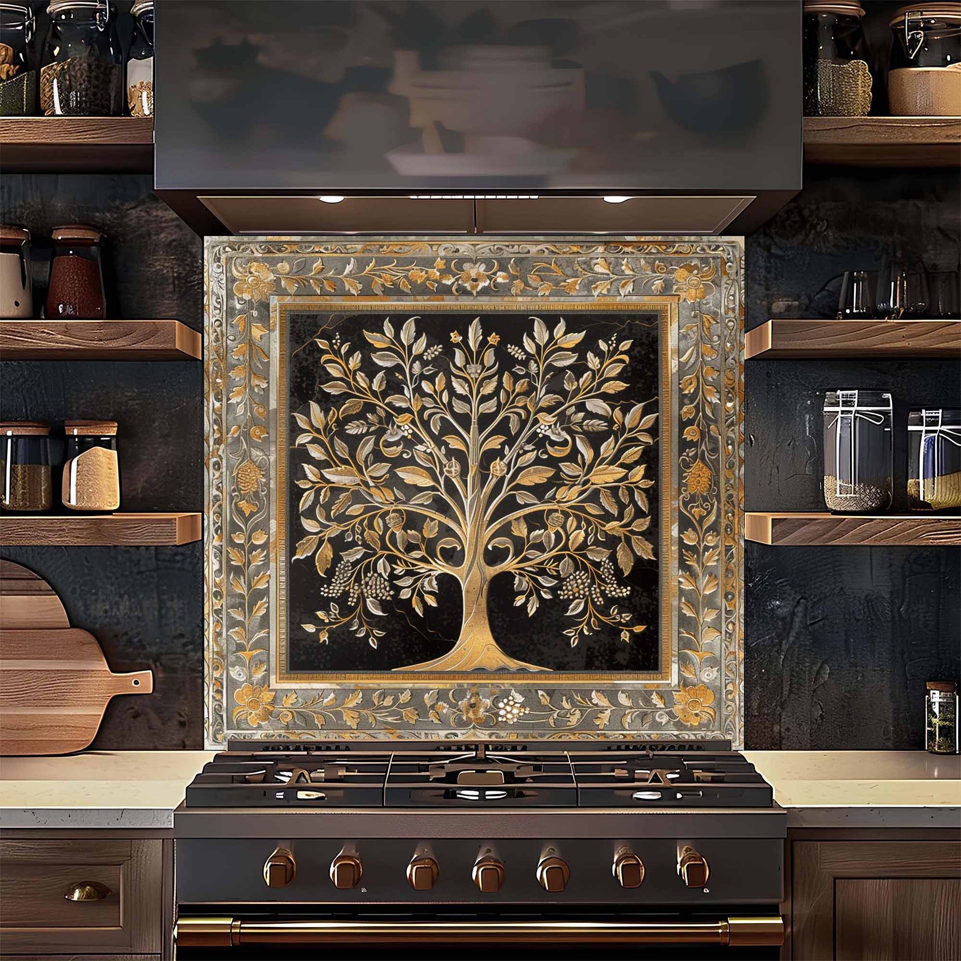 Decorative backsplash with tree design above a stove in a kitchen setting.