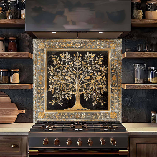 Decorative backsplash with tree design above a stove in a kitchen setting.