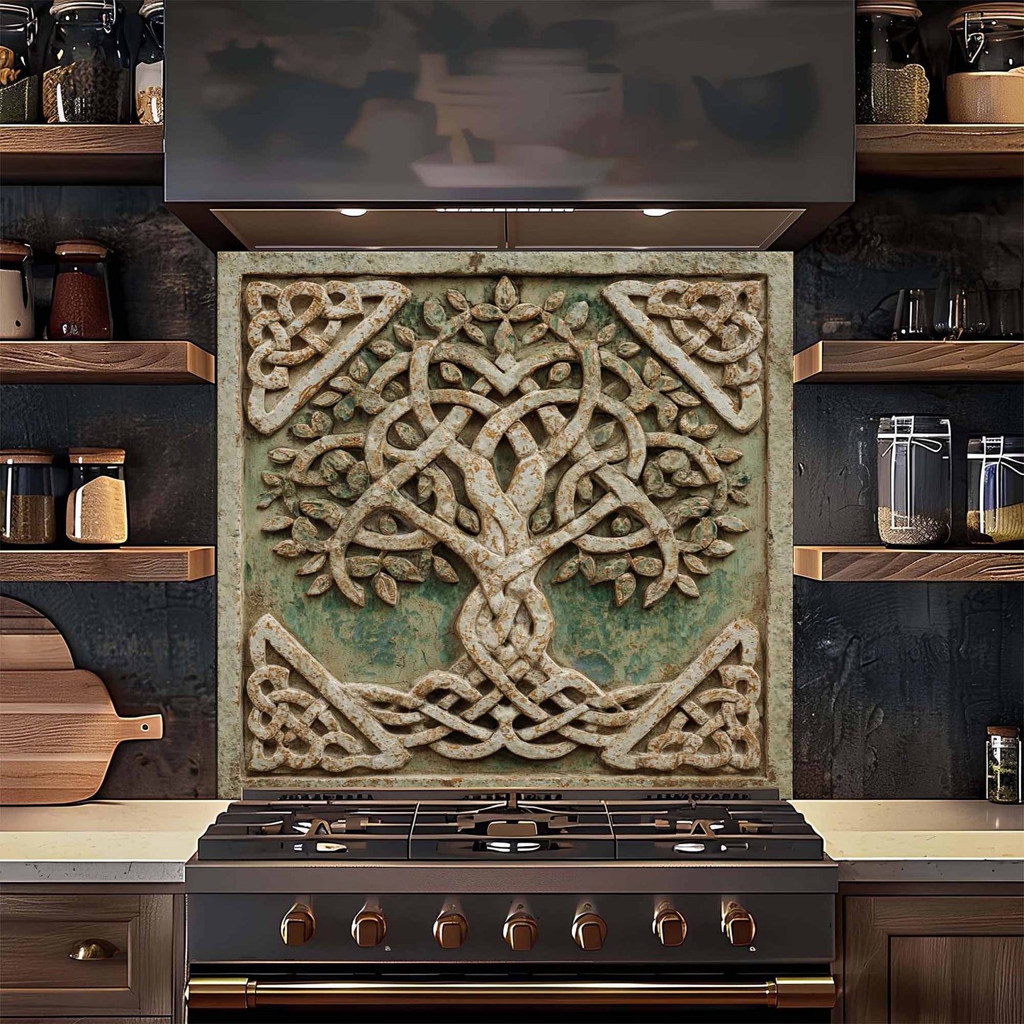 Decorative backsplash above a stove in a kitchen setting