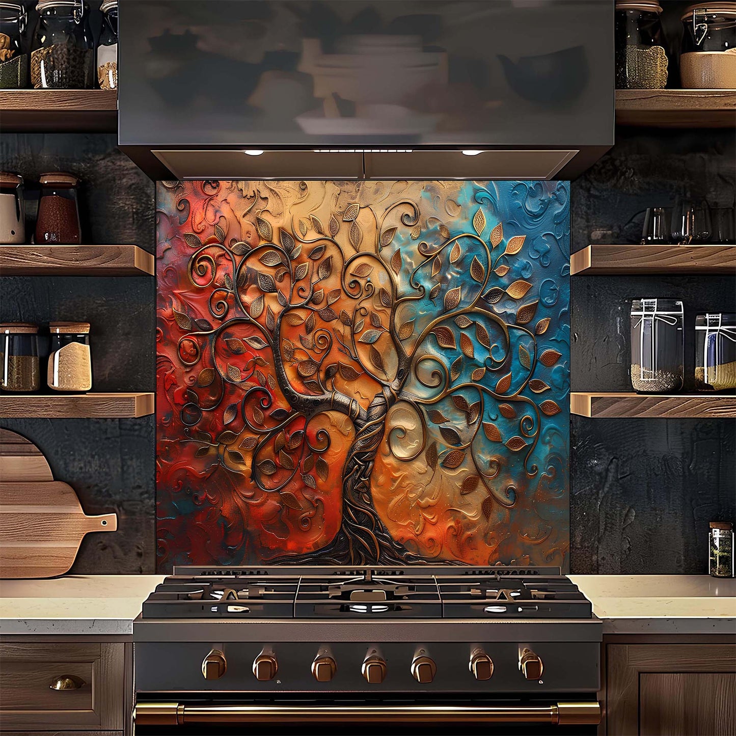 Decorative splashback above a stove in a kitchen setting