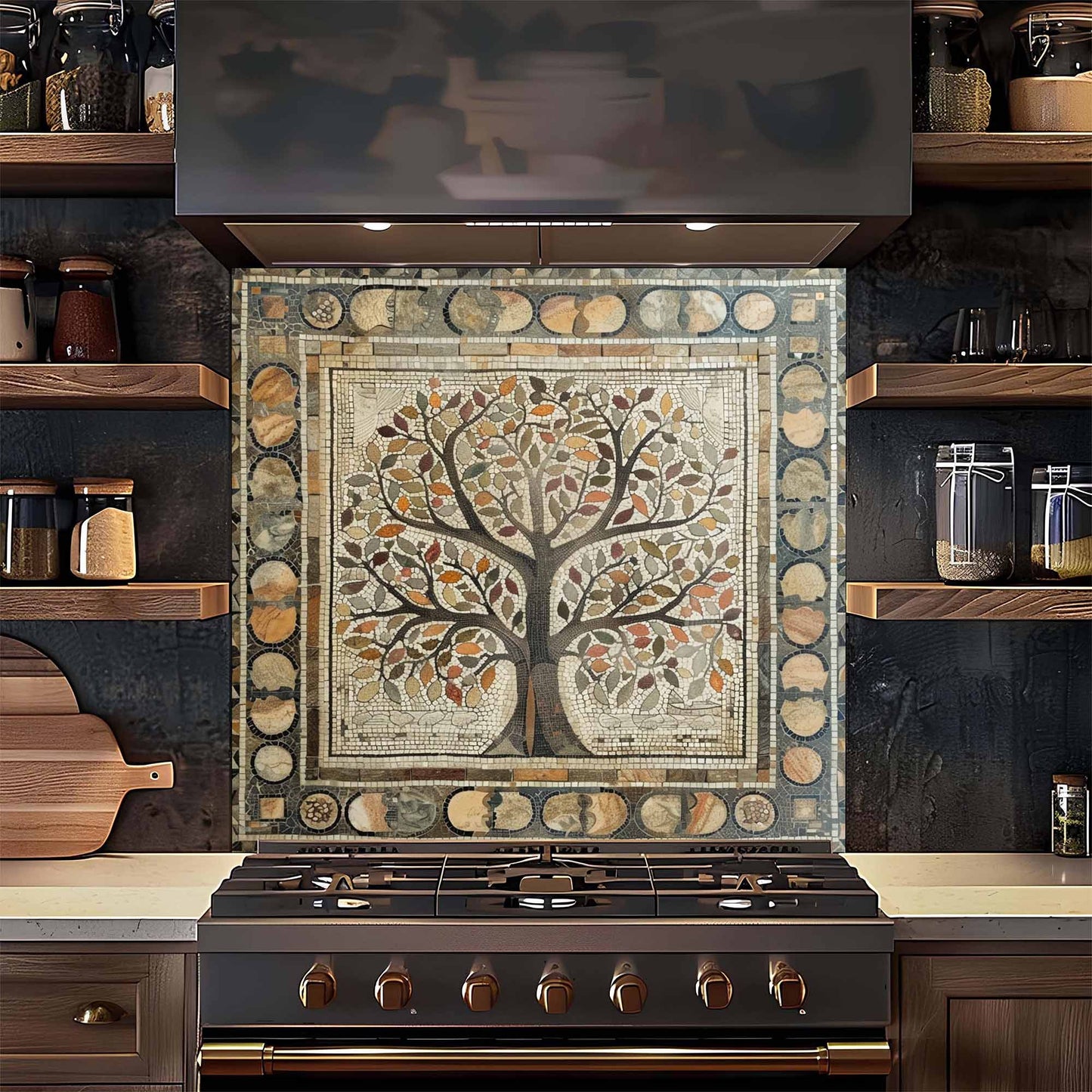 Kitchen with a decorative backsplash featuring a tree design above a stove.