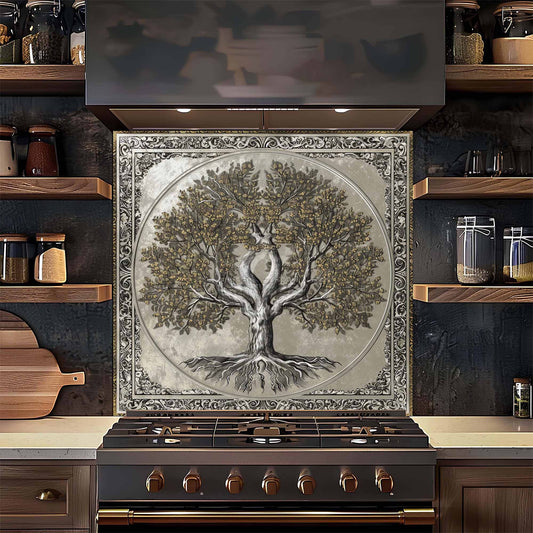Decorative backsplash with tree design above a stove in a kitchen setting